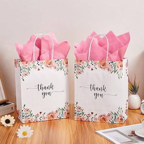 Miniatura 5 de Paquete de 50 bolsas de regalo de papel de agradecimiento blancas y florales de primavera medianas con asas de 10 x 8 x 4 pulgadas y papel de seda