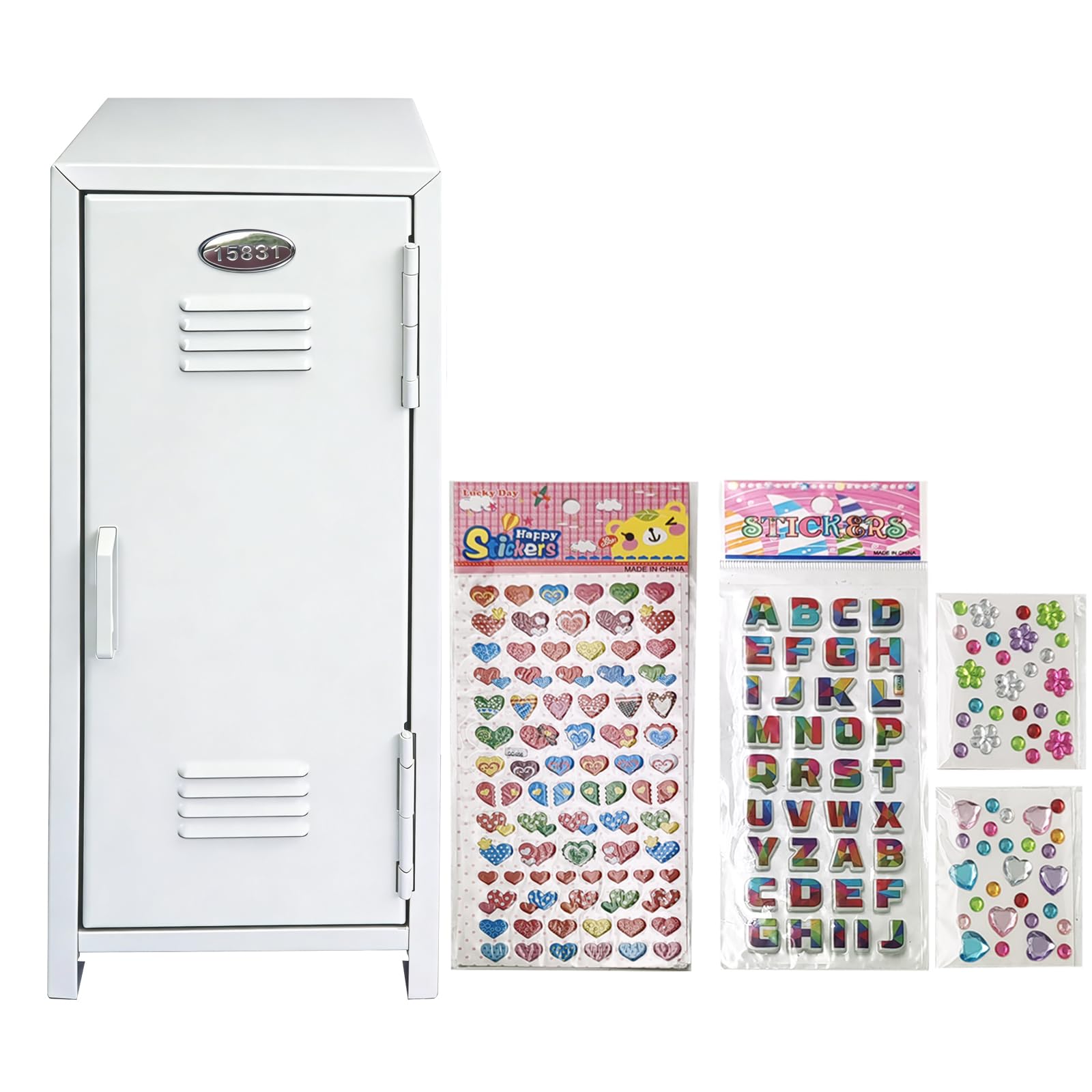 Mini Locker with Lock Key Stickers Box Metal Small Locker Mini Locker Miniature Storage Girls Lockbox Desktop Storage Organizer for Cash Money Jewelry Safe Dollhouse Furniture Accessories (White)