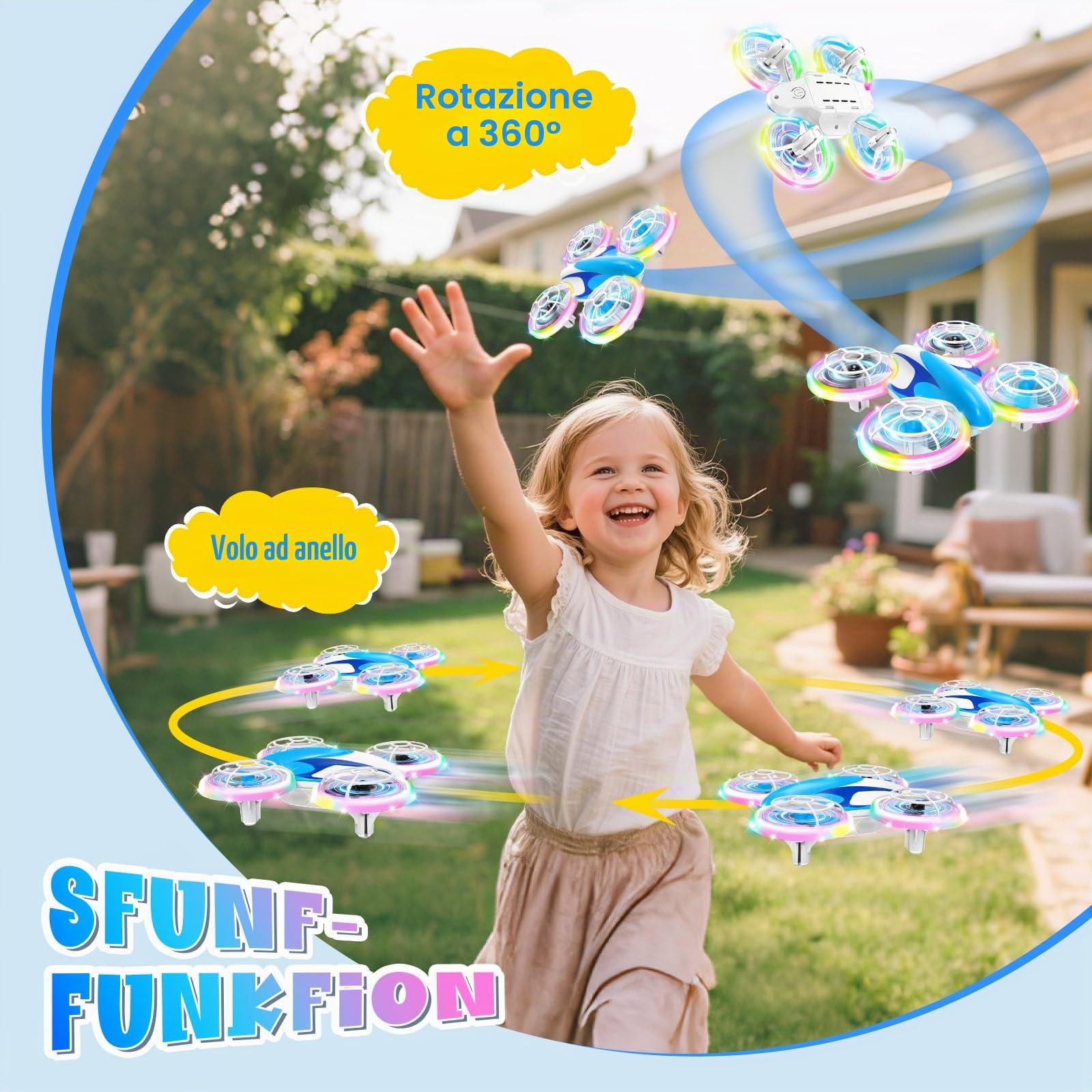 Mini Drone per Bambini con Luci LED Colorate – Giocattolo Volante con Rotazione a 360°, 2 Velocità, Decollo/Atterraggio Automatico – Per Principianti, Ragazzi e Ragazze da 6 7 8 9 10+ Anni | 360° Flips, luci LED per interni ed esterni, aereo RC con 3 batt