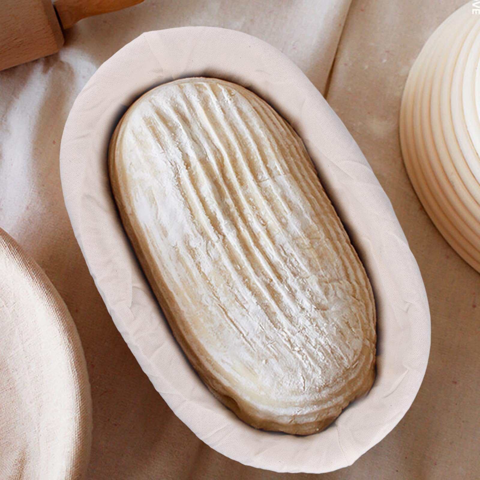 SINJEUN 4 cestini ovali per lievitazione del pane con fodera, 25 x 15 x 8 cm, cestini per lievitazione del pane in rattan, per lievitazione dell'impasto