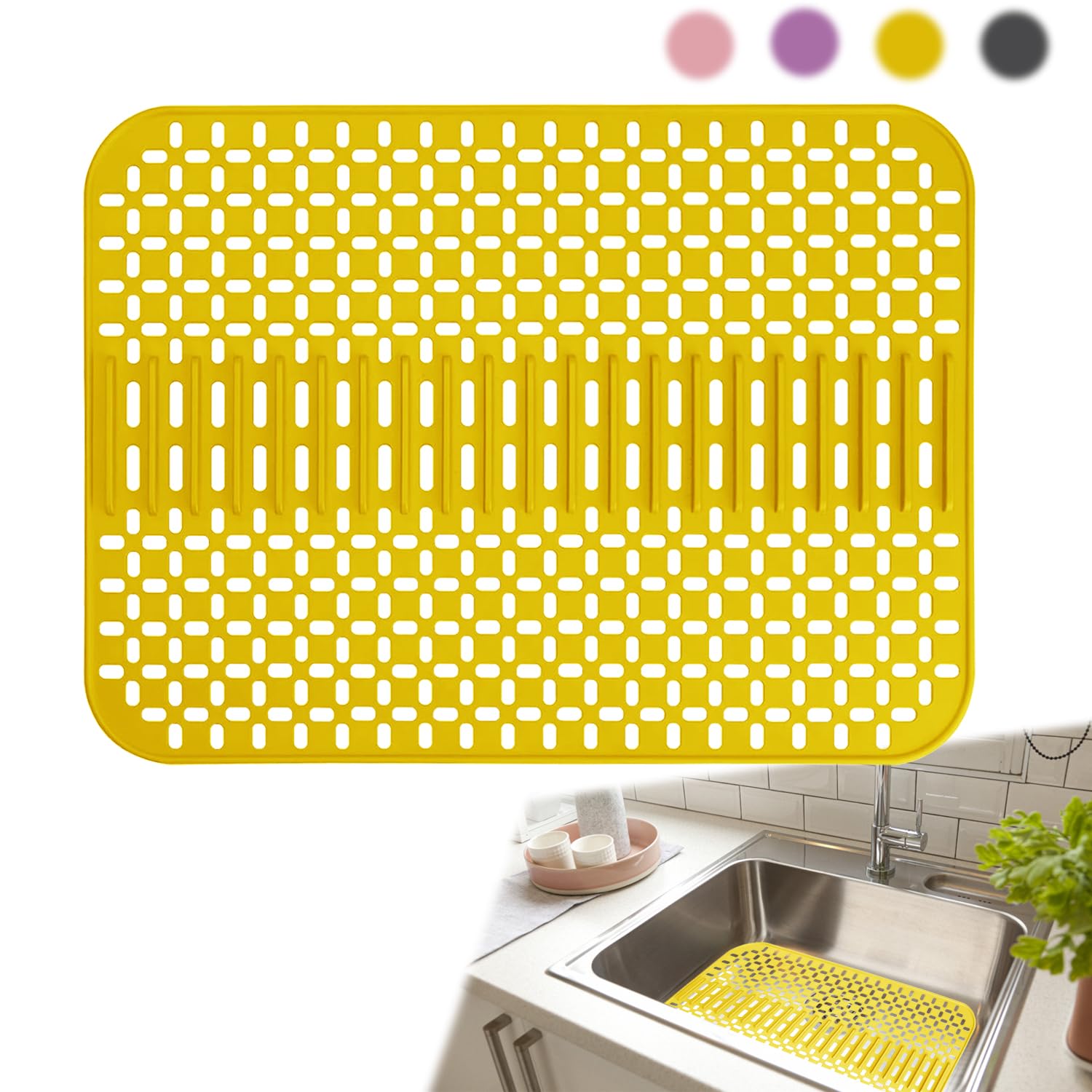HUA430320 Silicone Sink Mat, Sink Insert 34 x 29 cm, Collapsible, Heat Resistant and Non-Slip Kitchen Drip Mat Protective Insert, Sink Mat for Sink