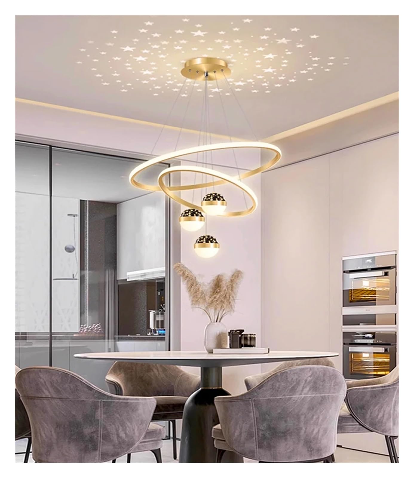 Lampa wisząca w stylu nordyckim, do jadalni, oświetlenia wnętrz, sufitu, żyrandola do salonu (2 złote pierścienie, zimna biel)