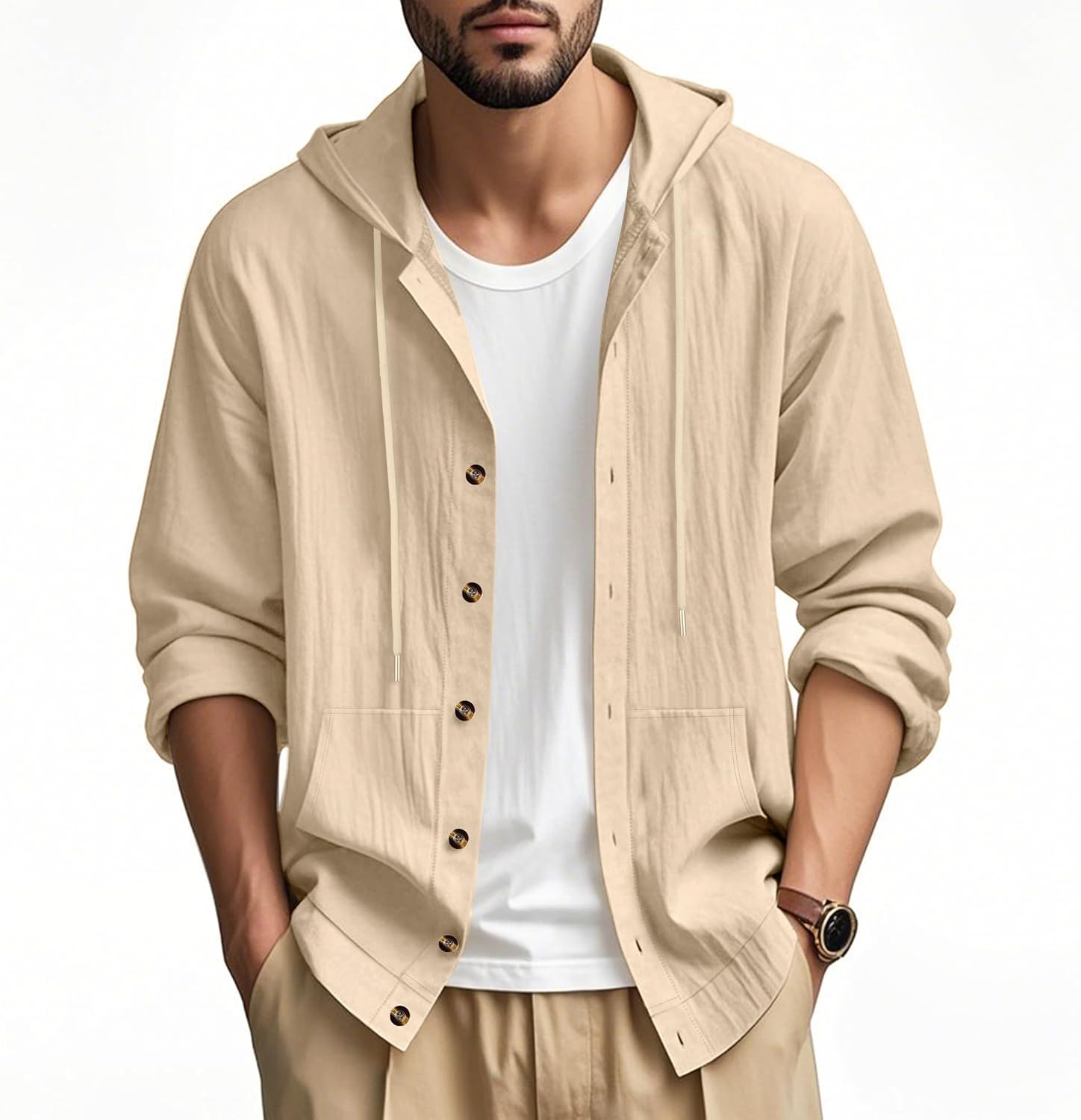 TAFLE Mens Linen Long Sleeve Button Down Shirts with Pockets Casual Hawaiian Beach Shirts Lightweight Fashion Hoodies - Image 2