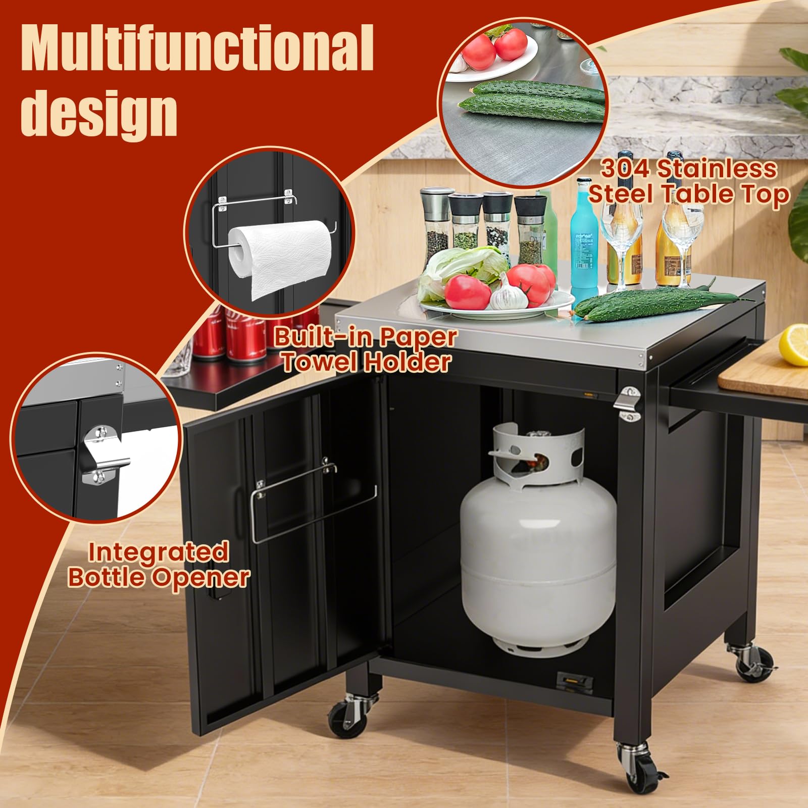 Denmay - Carro de cocina para exteriores con 2 mesas laterales plegables, carro de barbacoa portátil para hornos de pizza Onni, soporte de barbacoa para Ninja Woodfire y Weber Q Series