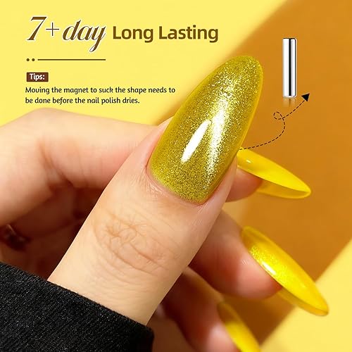 Miniatura 5 de Esmalte de uñas de ojo de gato amarillo, 16.5ml, esmalte de uñas con purpurina de secado rápido con barra magnética para regalos navideños, MY207