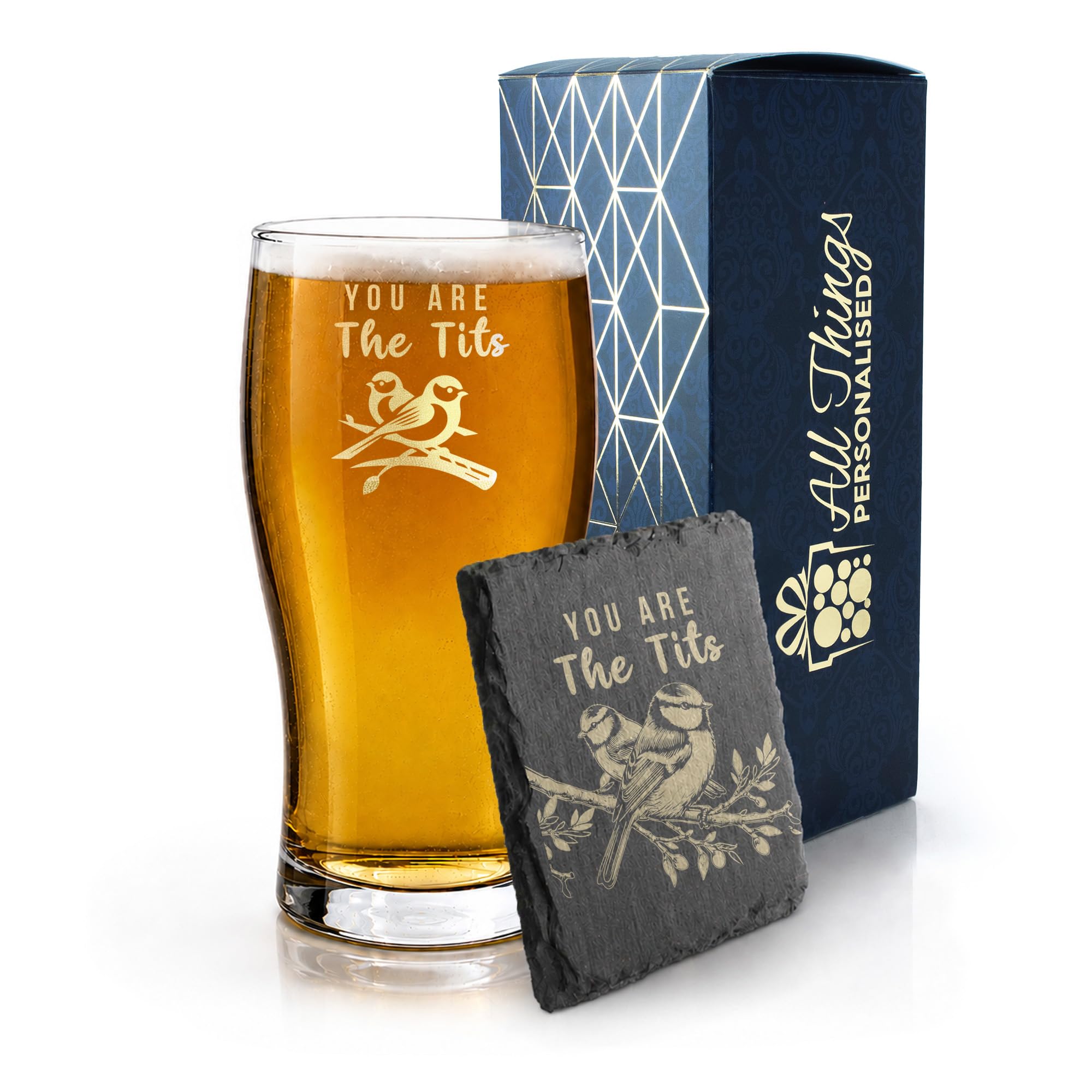 Engraved Pint Glass and Slate Coaster Gift Set with You are The Birds, Funny Birthday Present, Bird Watching, Gift Boxed, Drinks Coaster, Beer Gift — image 1