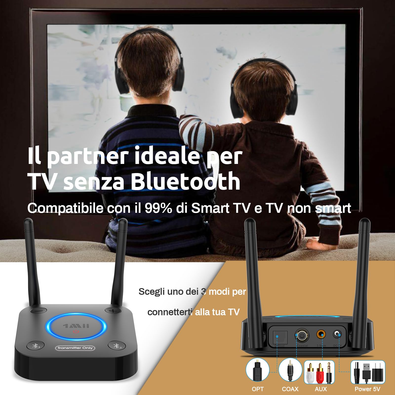 1Mii B06TX Trasmettitore Bluetooth 5.3 per TV a 2 Cuffie Bluetooth | aptX Bassa Latenza/HD, Lungo Raggio 60m, Adattatore Audio Wireless con Ingresso Ottico, Coassiale, AUX/RCA, Controllo Volume
