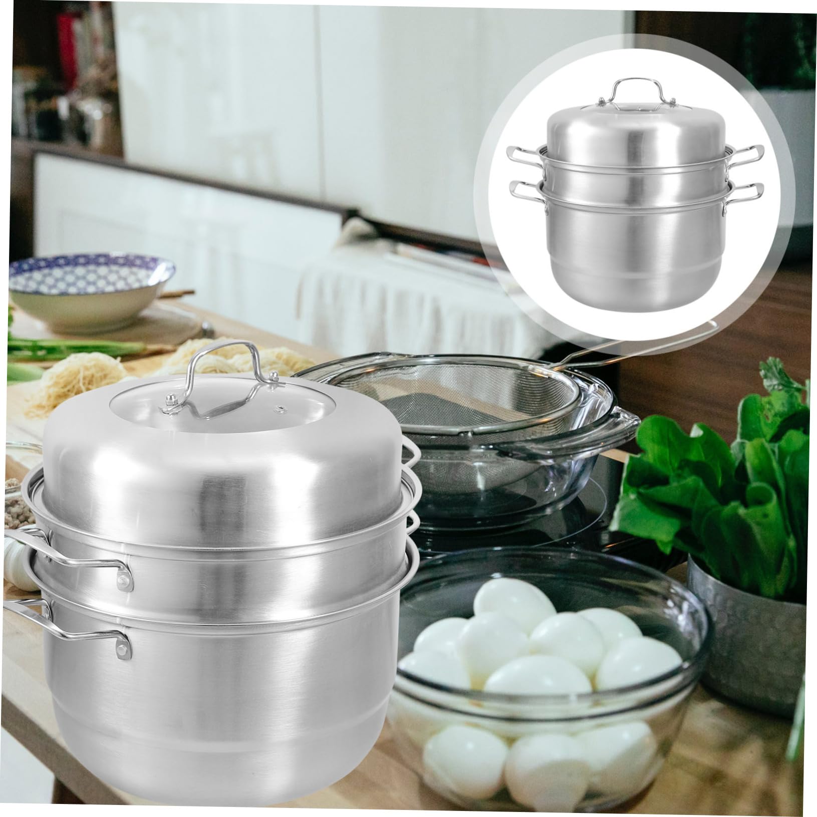Dampfgarer Topf 3-stufig aus Edelstahl mit Glasdeckel Silber | Multilayer Design, Geeignet für Gemüse, Meeresfrüchte und Fleisch, 1 Satz