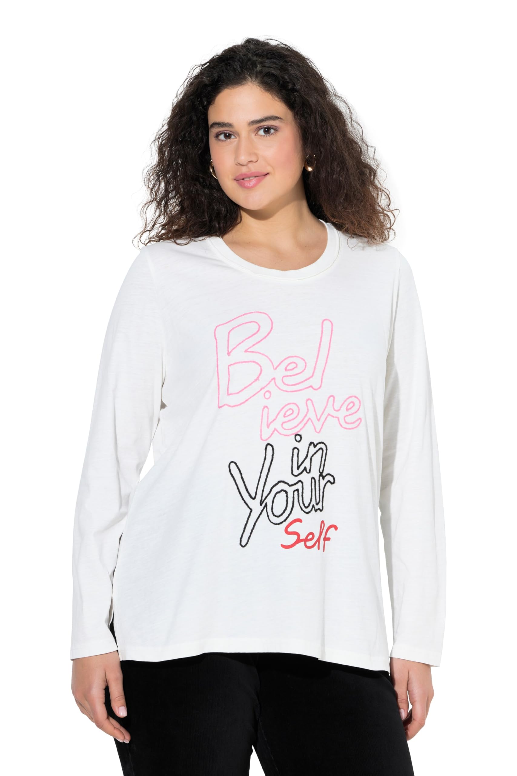 Ulla Popken Damen große Größen Übergrößen Plus Size Shirt, Schriftmotiv, Classic, Rundhals, Langarm 842064
