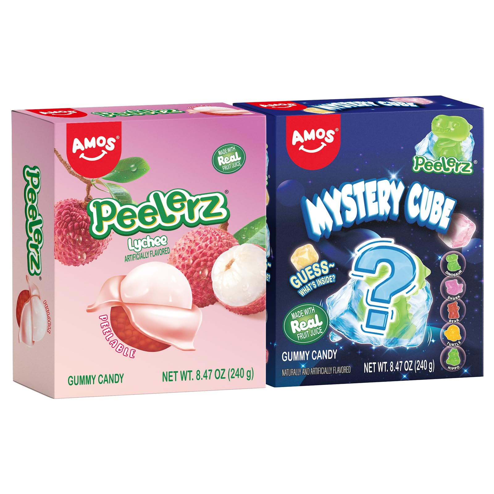 AMOS Peelerz Lychee Gummy Candy & Peelerz Mystery Cube, Peelable Fruit-Shaped Candy, 8.47oz Box with 10 Individual Packs – Fun Peeling Gummy Snack Made with Real Juice (2-Box Bundle)