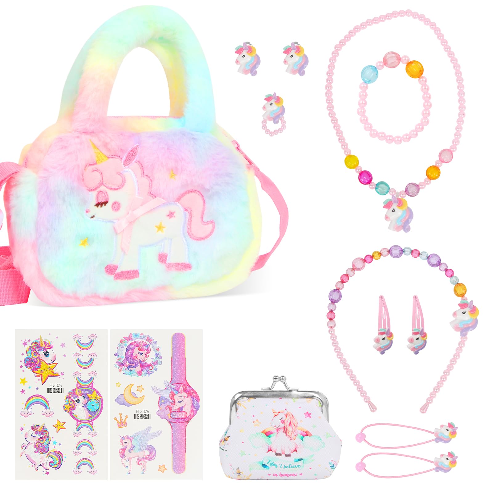 Set 26 Gioielli Unicorno Per Bambine Con Borsa In Peluche, Fascia, Fermagli E Collana | Accessori Completini Per Compleanni E Feste A Tema, Regalo Per Bambine 3-7 Anni - 2