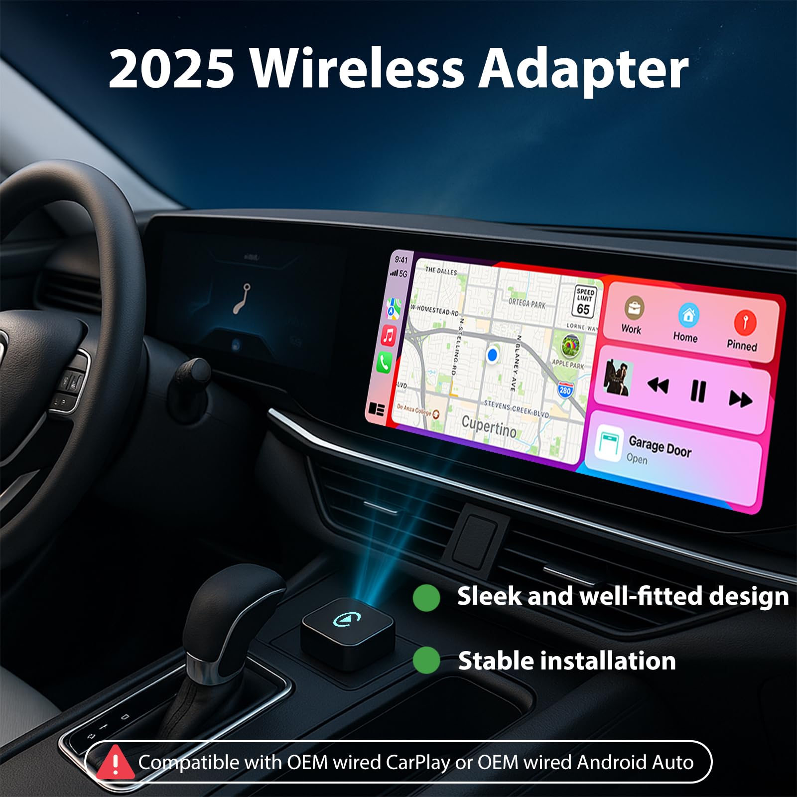 Sunweyer CarPlay wireless a forma di T e adattatore automatico Android: aggiornamento cablato a wireless, design compatto inferiore a 1 pollice per auto cablate di fabbrica, plug & play (T nero)