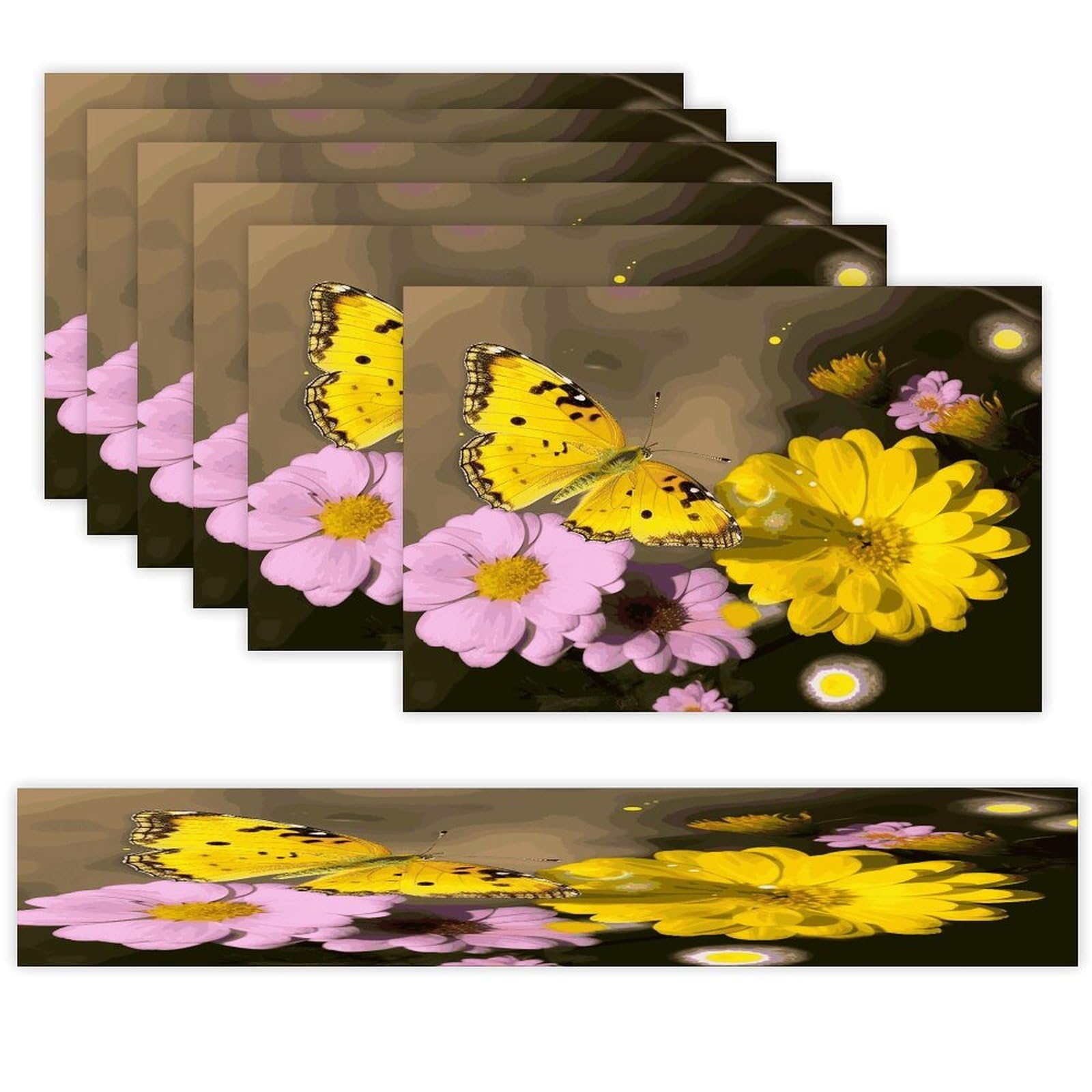 Yellow Butterfly and Flower Table Runner and Placemats Set of 6 Heat Resistant Washable Table Runners Dining Mat Sets Modern Cloth Place Mats Linen Table Decor for Kitchen Dining Room