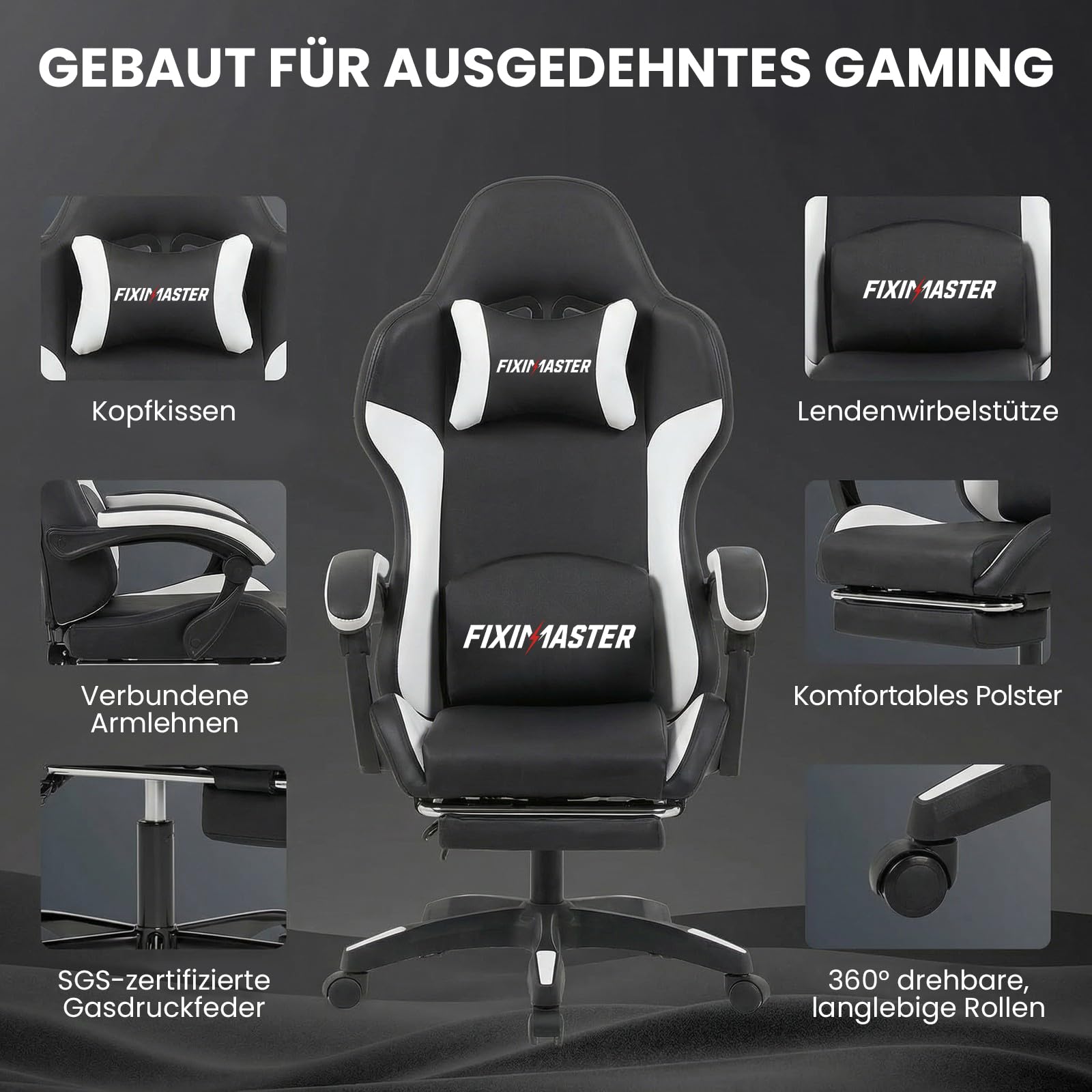 Bürostuhl Ergonomisch mit Fußstütze, Schreibtischstuhl, Racing-Design, Lenden- und Kopfstütze, PU-Kunstleder, Gaming Stuhl, Büro Stuhl, Computerstuhl, Neigbar bis 135°, Schwarz, 150KG