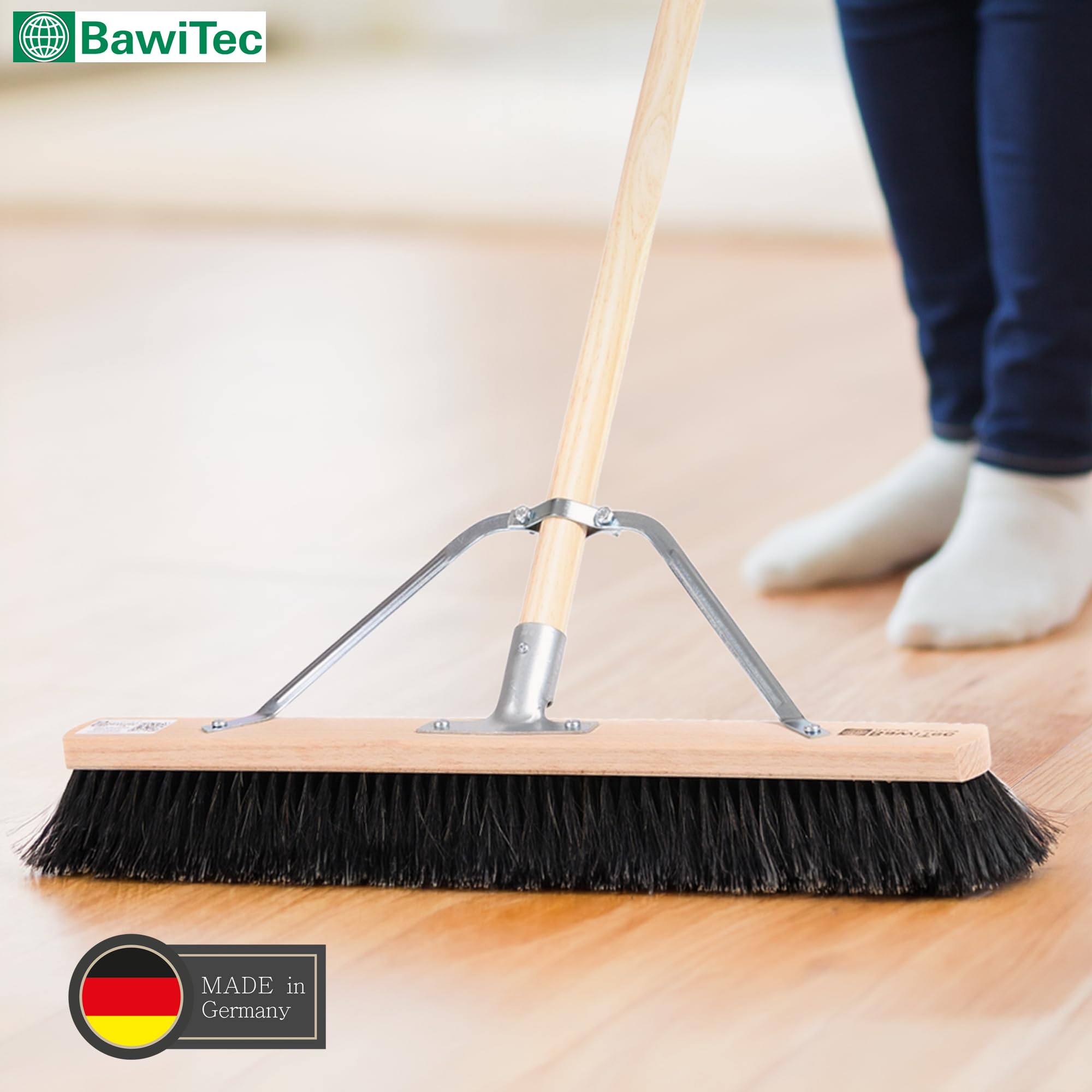 Rosshaar Saalbesen Besen 100cm mit Stiel 160cm und Stabi weiche Borsten | Spezieller Stielstabilisator/Zusatzhalterung, Besenstiel Ø28mm, Sehr weiche Naturhaar-Rosshaar-Borsten