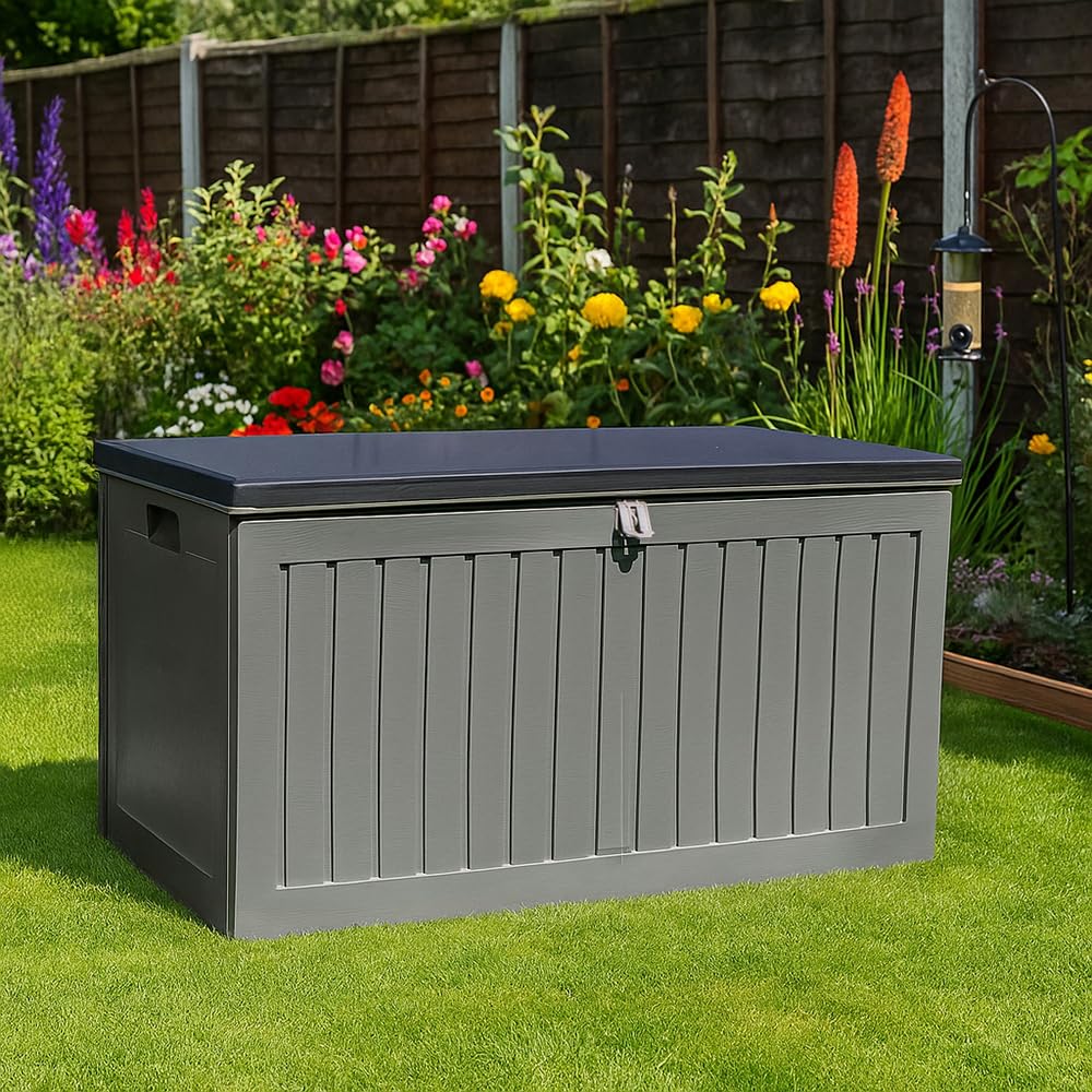AIRWAVE Outdoor Plastic Garden Storage Box 270L, Weather and Fade Resistant, Lockable, Doubles as Storage Bench, Wood Effect, Indoors/Outdoors (Small)