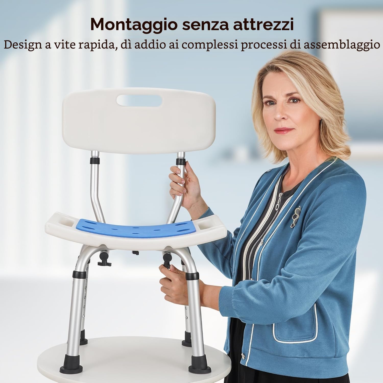 Careboda - Sedia da Bagno in Alluminio, 6 Altezze Regolabili, assemblaggio Senza Attrezzi, Cuscino Sedile per Doccia Interna, Antiscivolo per Sicurezza – Ideale per Anziani, disabili, Donne in Cinta.