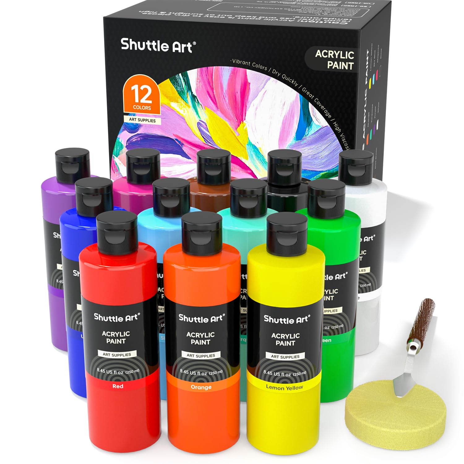 Shuttle Art 12 Colours Acrylic Paint, 250ml/8.45oz Bottles Acrylic Paint Set, Rich Pigments, Bulk Painting Supplies for Artists, Beginners and Kids on Model Crafts Canvas Wood