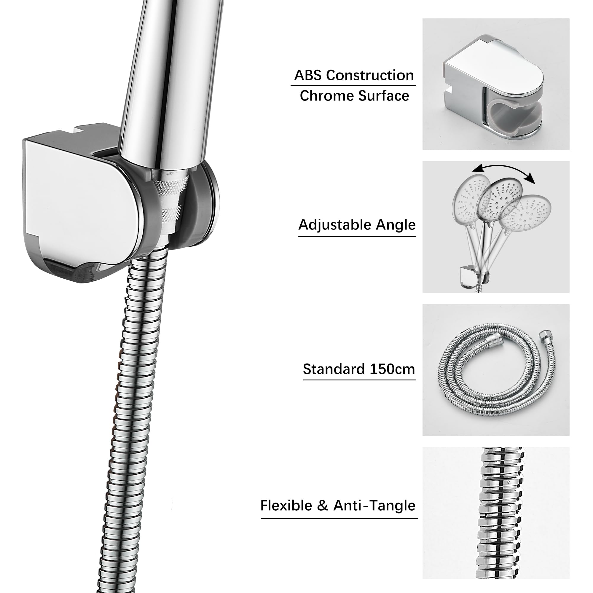 Rubinetto Doccia Monocomando con Soffione Doccia Supporto e Tubo - Miscelatore Doccia Esterno senza Beccuccio, Flessibile Doccia Acciaio Inox 150cm, Doccetta con 3 Funzioni - Argento Cromato