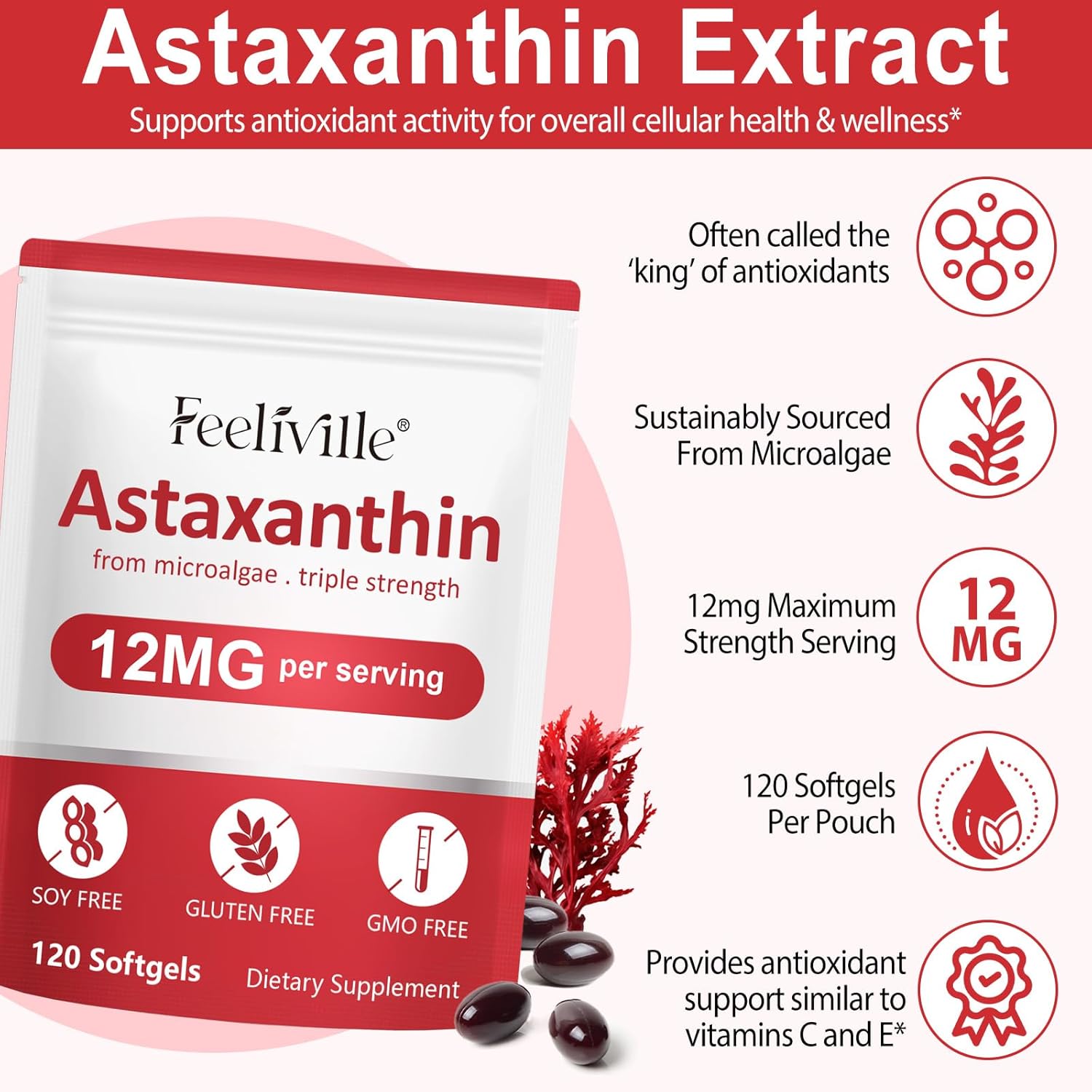 Astaxanthin 12mg (120 Softgels) - Premium Astaxanthin Antioxidant Supplements - Supports Eye, Joint, Internal Circulation, Immune & Skin Health - Fresh Microalgae Source - Non-GMO & No Gluten - Image 3