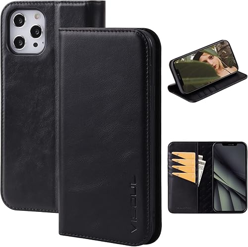 VISOUL Funda para iPhone 12 Pro Max de 6.7 pulgadas, funda de piel auténtica con soporte para mujer, funda magnética con tarjetero para iPhone 12