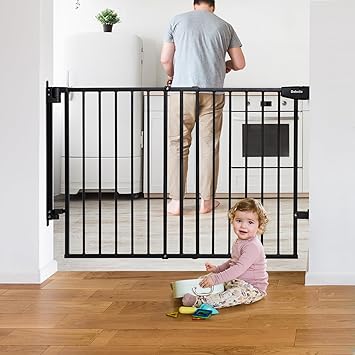Babelio 29.7-46.5" No Bottom Bar Baby/Dog Gate for Stairs, House and Doorways, Auto Close Safety Pet Gates with Large Walk Thru Door, Hardware Mount, Black