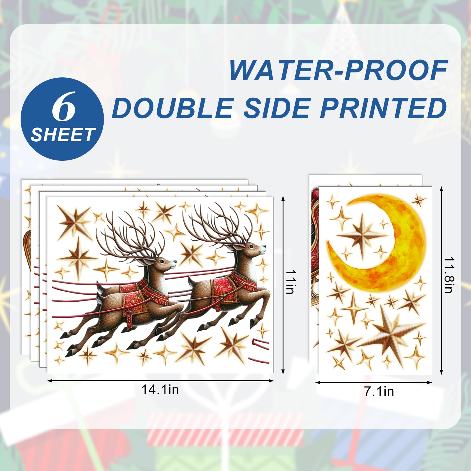 JarThenaAMCS Calcomanías de ventana de Navidad con diseño de renos de Papá Noel, calcomanías de vidrio de doble cara para decoración de fiestas en el hogar de Navidad, 6 hojas
