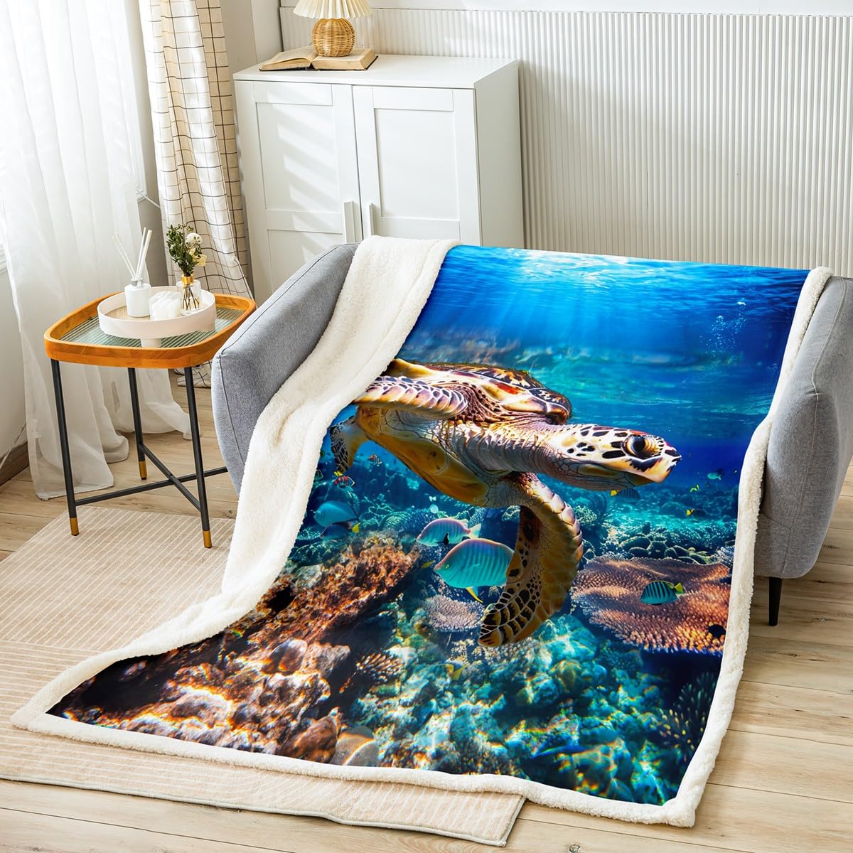 Manfei Sea Turtle Kids Throw Blanket Marine Animal Theme Blanket for Couch Sofa, Underwater World Bed Blanket for Boys Girls Adults Room Decor, Soft and Breathable Fleece Blanket(30 x 40 Inches)