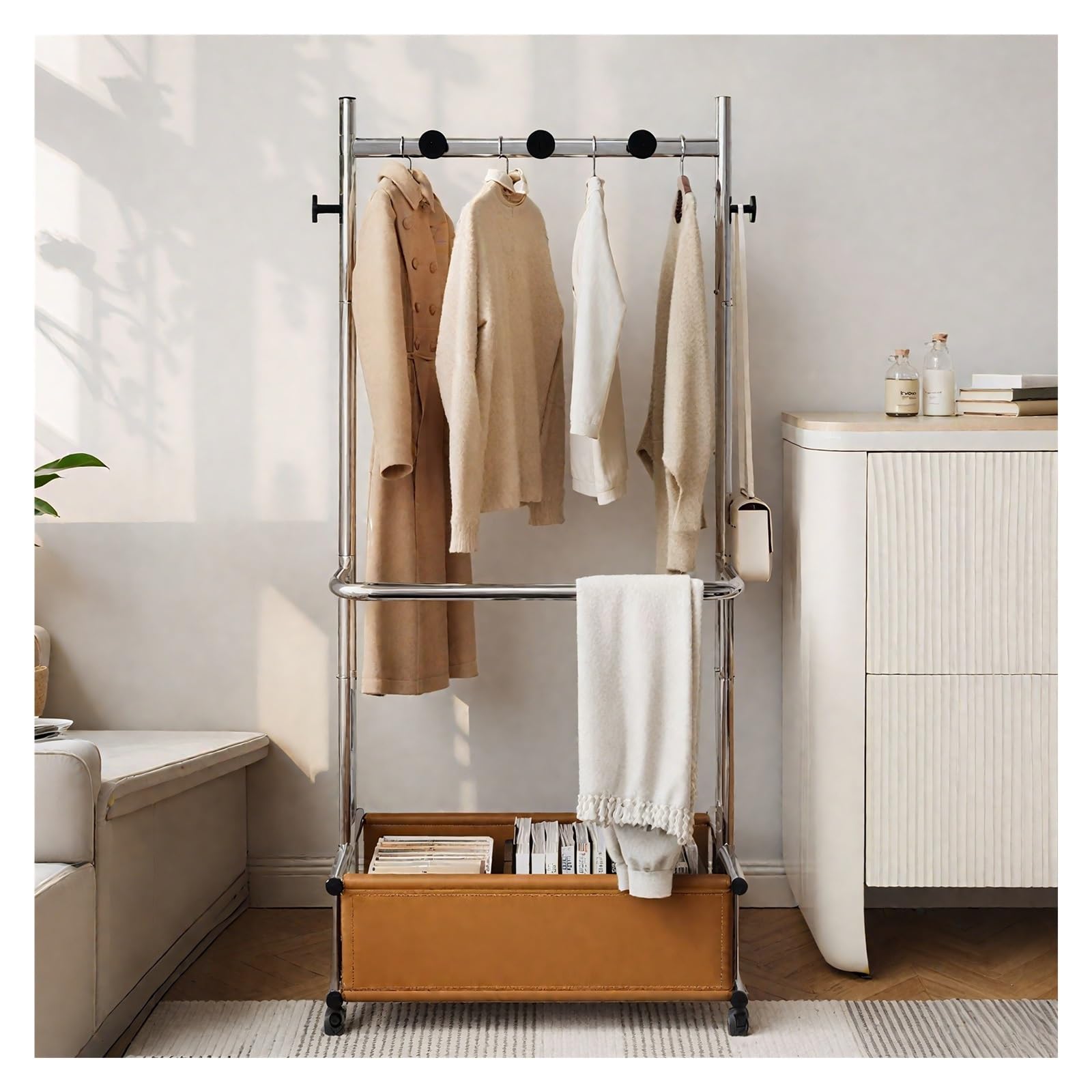 Aycdl One Color Rolling Clothes Rack With Storage Box Metal Garment Hanger 2 Hanging Bars Portable Coat Stand 60Cm/23.6In - Ideal For Home Closet And Laundry Room,-60Cm/23.6In