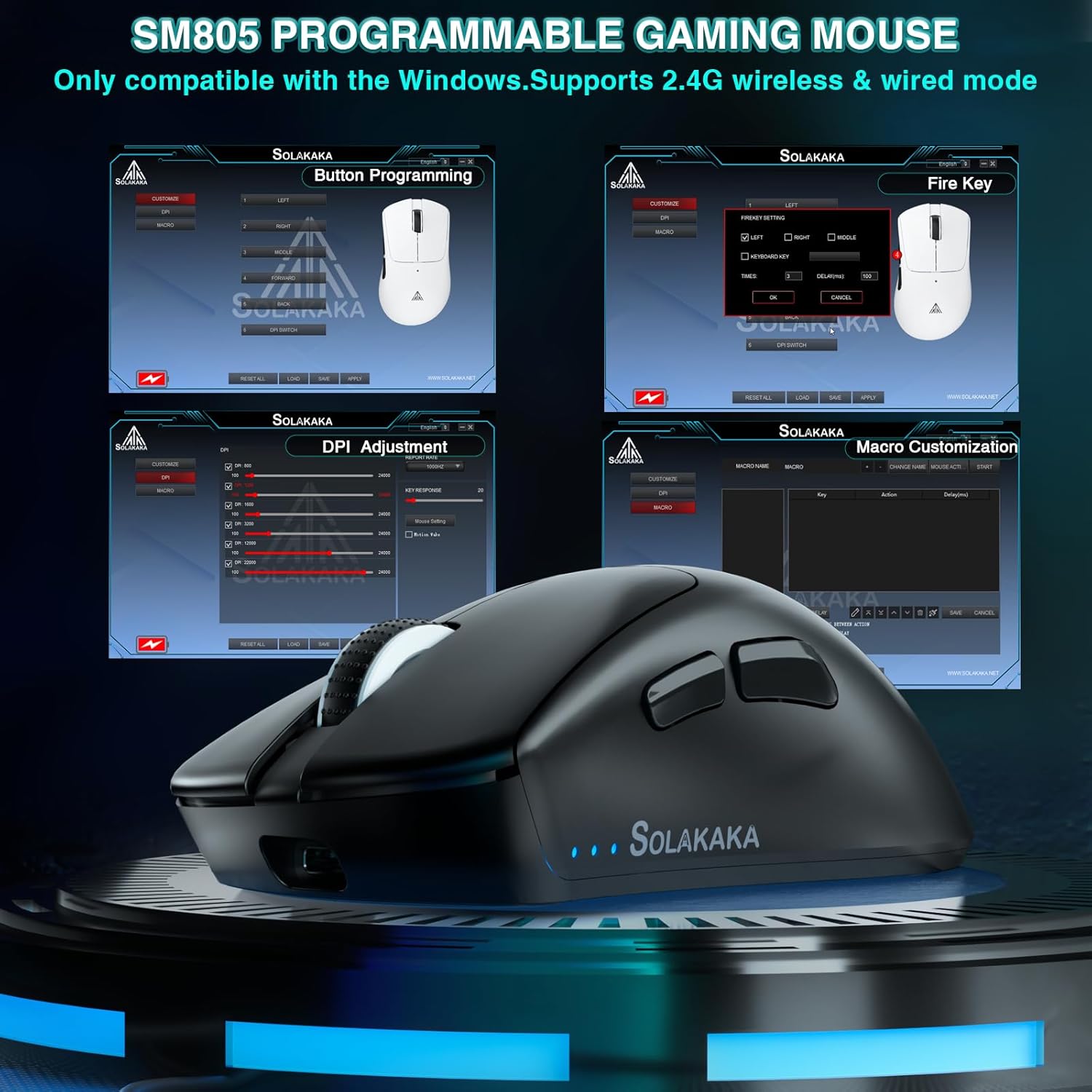 Screenshot of the SOLAKAKA SM805 mouse software interface showing options for button programming, DPI adjustment, and macro customization.