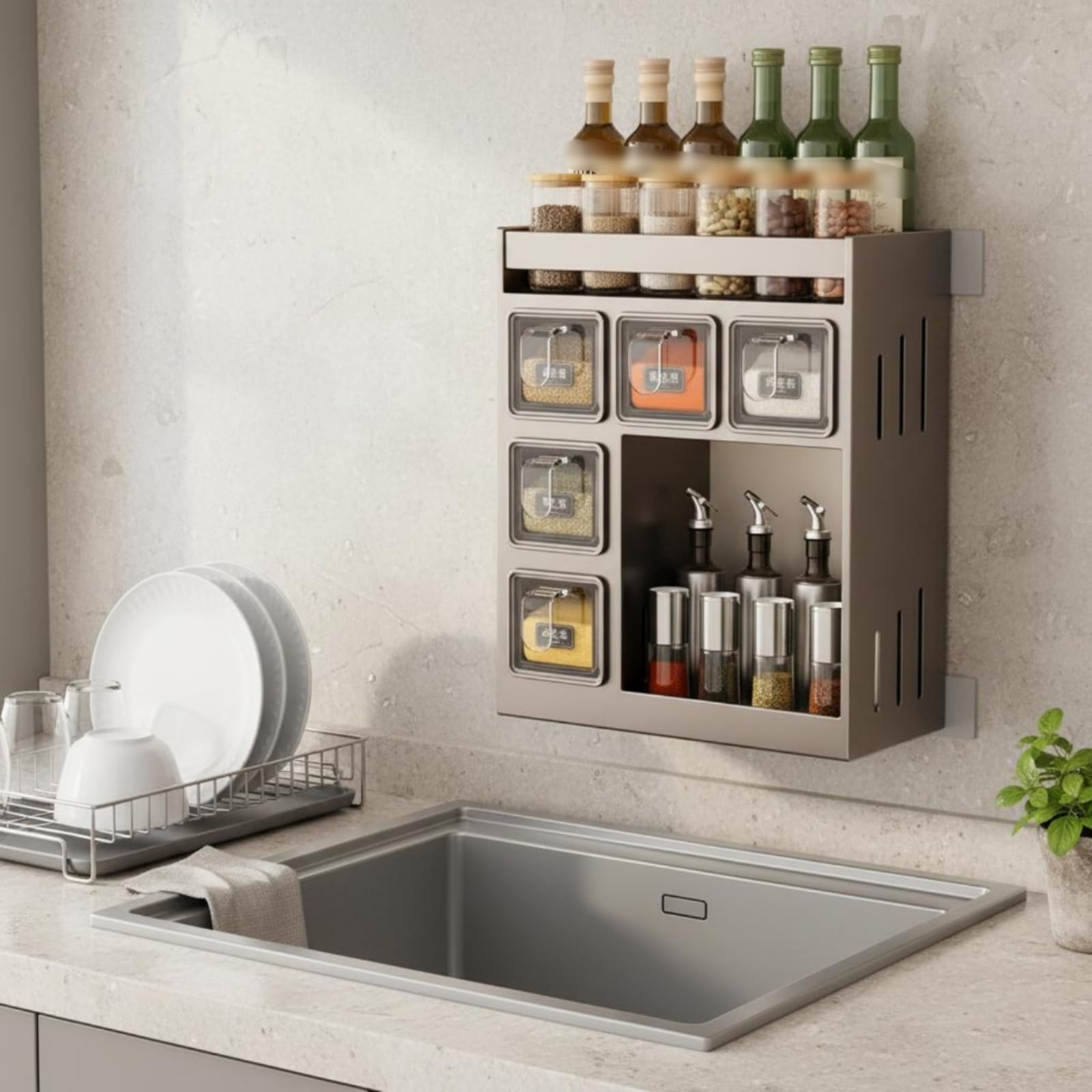 Estante de Especias de Pared Organizador de Cocina Soporte para Condimentos Repisa con Vasos Material Acero Carbono Apto para Almacenamiento Doméstico