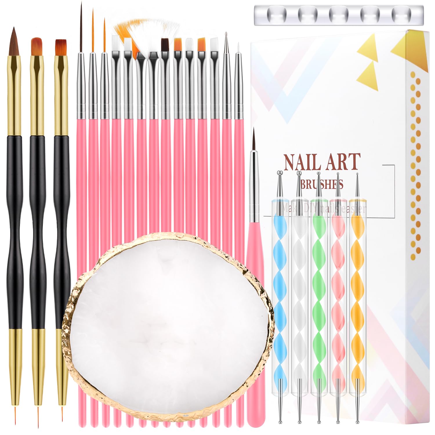 CHEMAILON 25 Piece Nail Art Tools, Nail Brush Set,Palette, Stand & 2-way Acrylic Silicone Engraving Pen Dotting Pen Tools,For Nail Art DIY Home