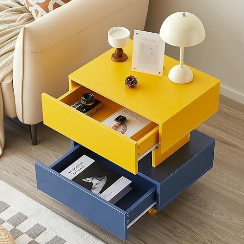 Miniatura 6 de Juego de 2 mesitas de noche modernas con gran espacio de almacenamiento para dormitorio, sala de estar y sala de juegos, amarillo y azul