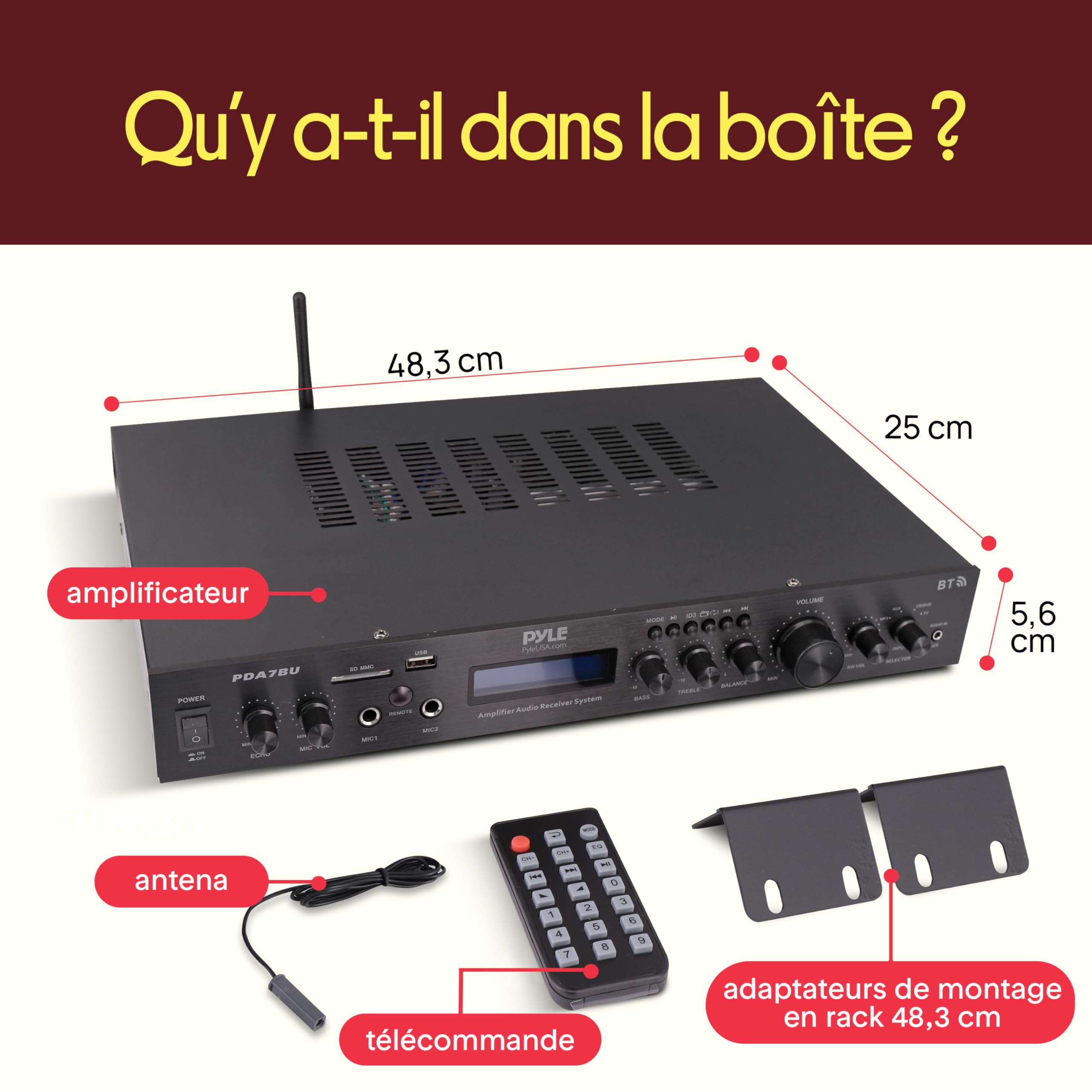 Pyle Ampli Bluetooth 5 Canaux à Montage en Rack, Amplificateur de Haut-Parleur Home , Streaming Bluetooth sans Fil, MP3/USB/SD/AUX/Radio FM, 200 Watts avec LCD ID3 Numérique, Noir
