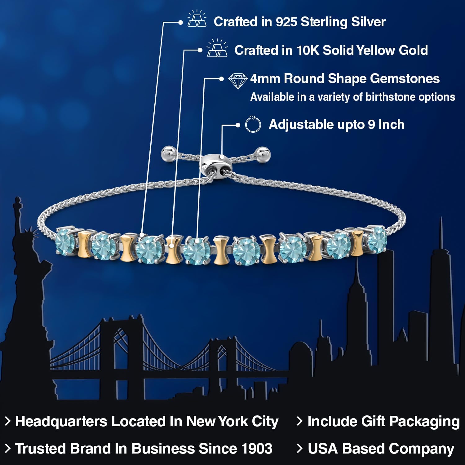 Gem Stone King 2-Tone Birthstone Bracelet for Women | 925 Silver 10K Yellow Gold | 4MM Round Gemstones | Adjustable Bolo Up to 9 Inch | Jewelry Gift for Her Mom Wife - Image 2