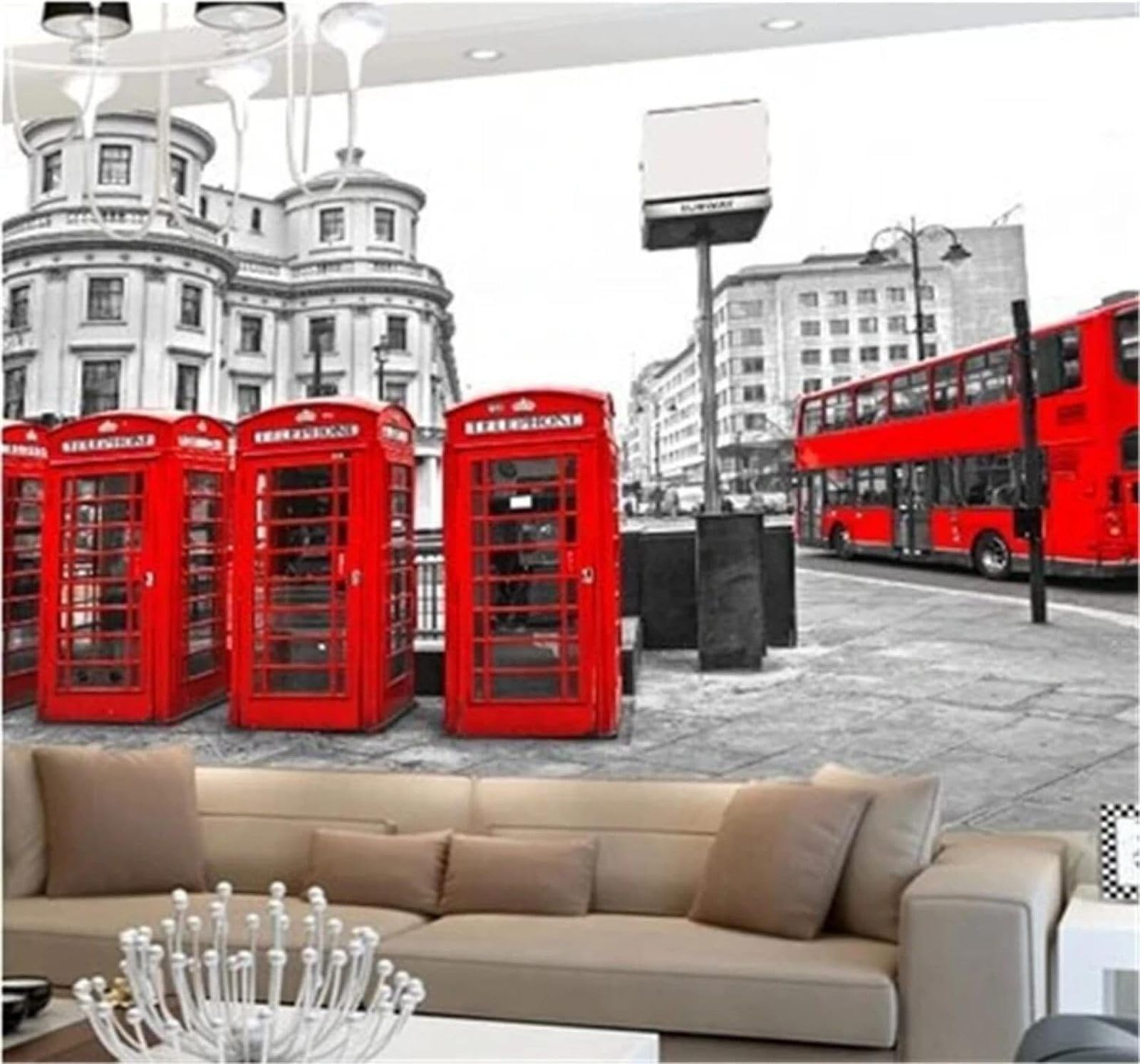 XLMING Red Bus Telephone Box Black and White Architecture 3D Wallpaper Silky Texture Home Study Office Grey Dining Room Sofa Bedroom Living Room TV Backdrop-250cm×170cm