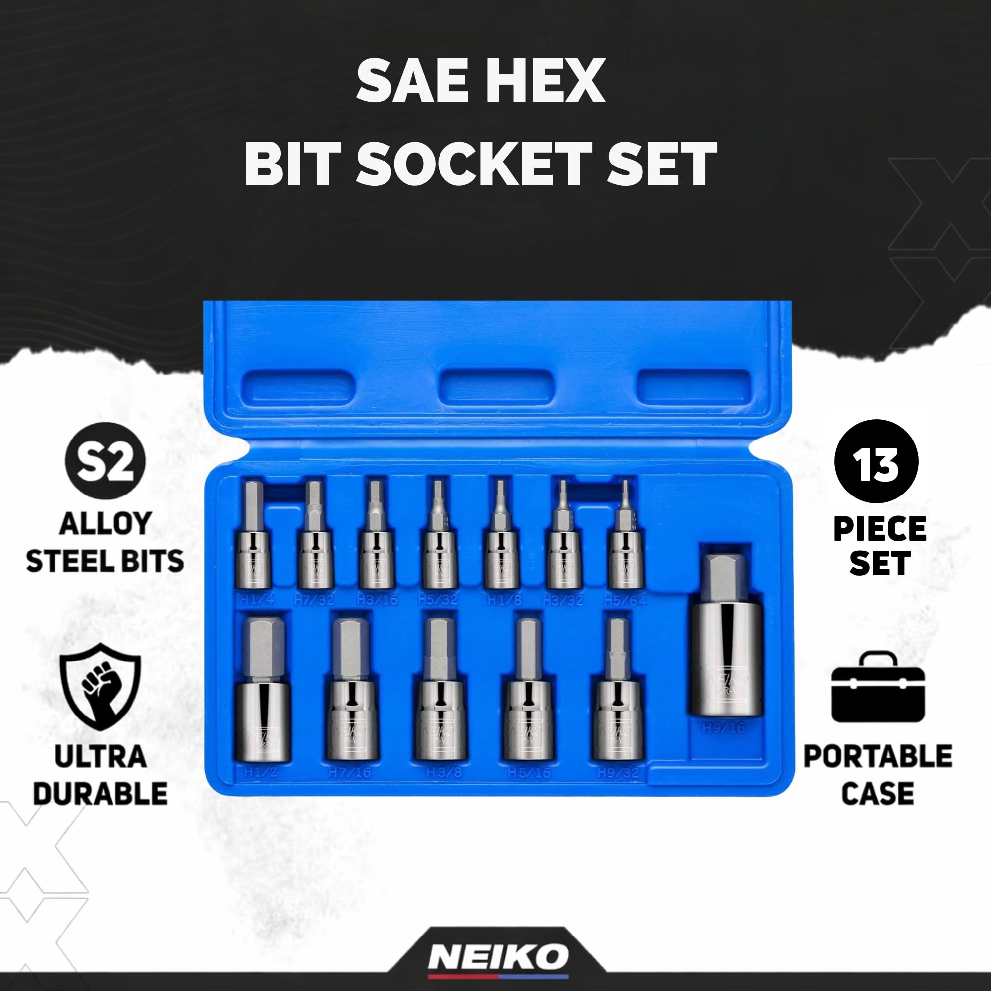 Neiko 10075A SAE Hex Bit Socket Set | 13-Piece Set | S2 Steel