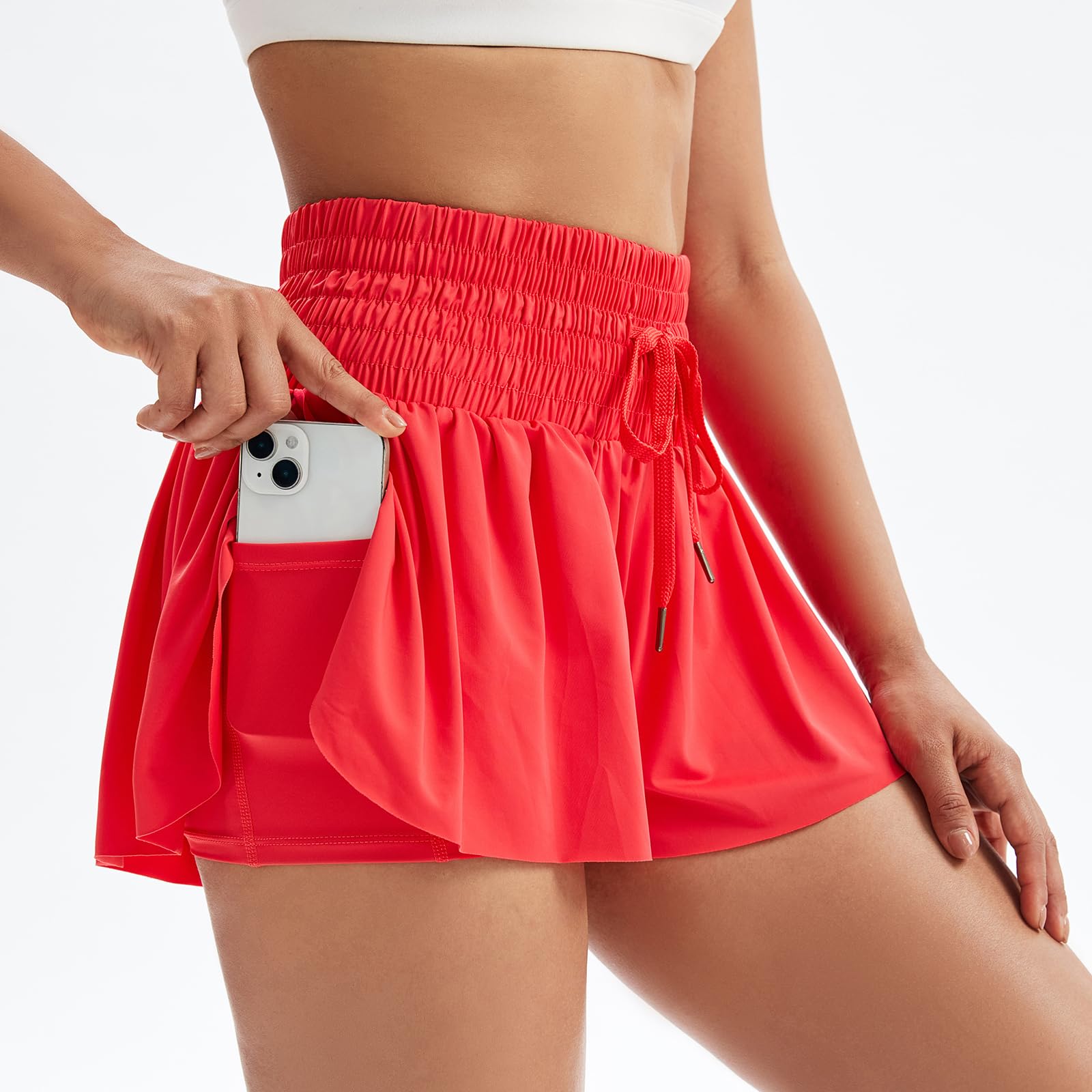 Flowy Women's Athletic Shorts High Waisted Gym Yoga Workout Running Butterfly Tennis Golf Skorts Skirts with Pockets Spandex Sweat Pants Cute Comfy Lounge Trendy Clothes Casual Summer Outfits Red M