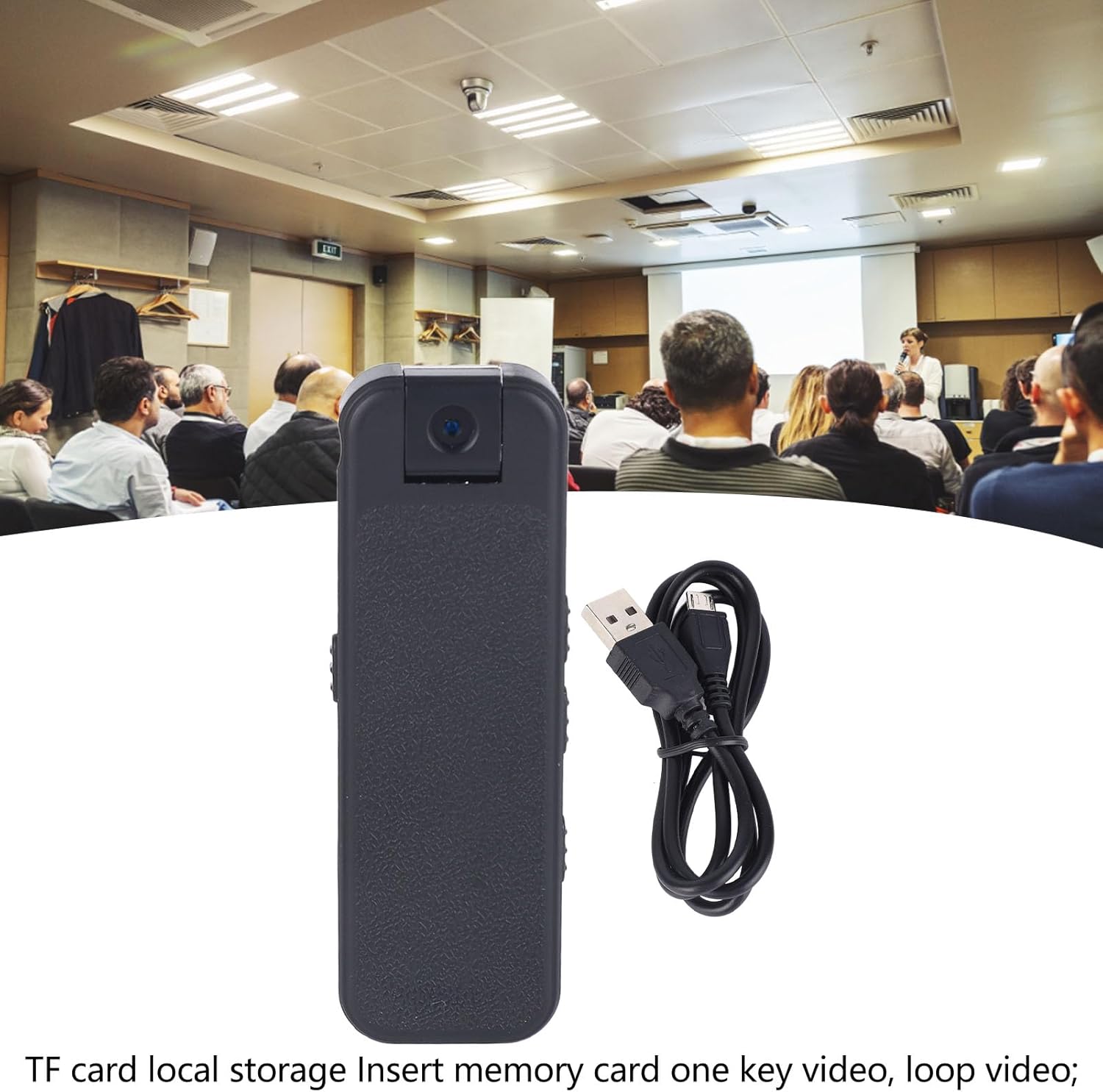 Airshi recorder with USB cable, illustrating TF card local storage