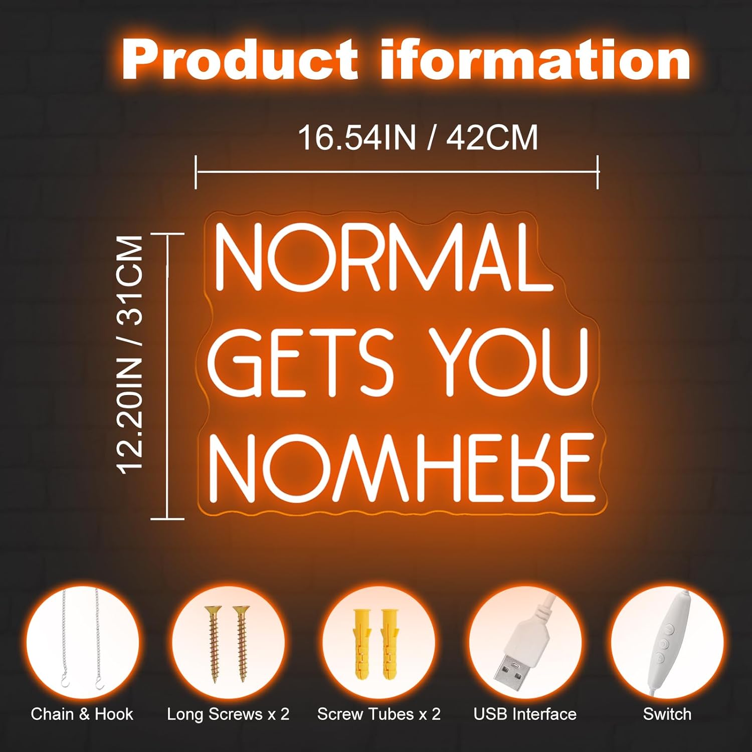 NORMAL GETS YOU NOWHERE Neon Sign, Light Office, Interior Design, Unique Gift, Quote Wall Art Led Light, Affirmation Neon Light for Beauty Salon Home, Party, Gift, Office, Bedroom, Man Cave-Orange-16.5"x12.2"