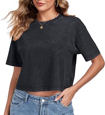 Womens Crop Tops Acid Wash Short Sleeve T-Shirts Casual Round Neck Basic Tees Baggy Summer Shirts