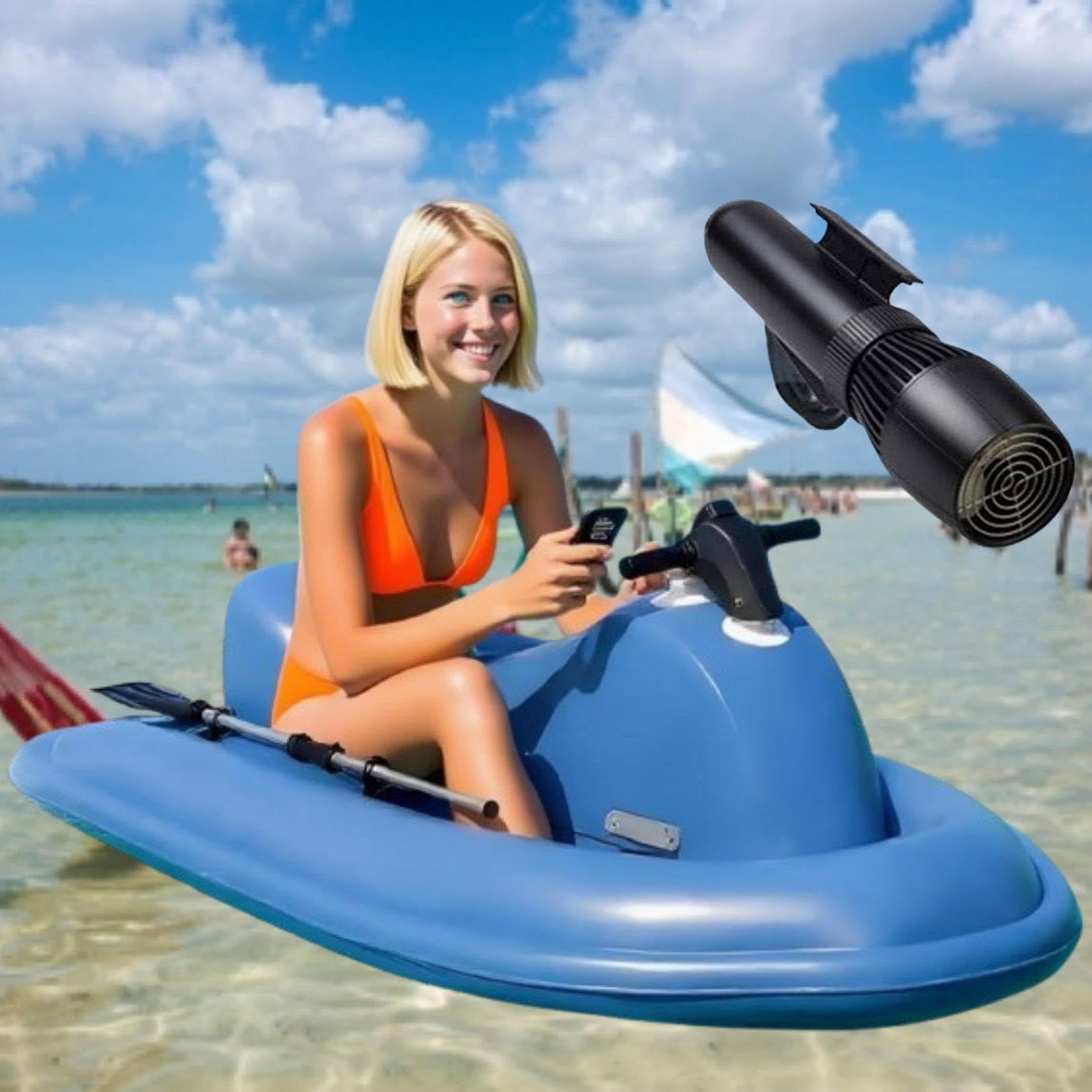 Motorisiertes, aufblasbares Wasserfahrzeug zum Draufsitzen, tragbares elektrisches Jetboot mit Doppelflossen-Design und abnehmbarem Bugstrahlruder für Seen und Pools 500W10A
