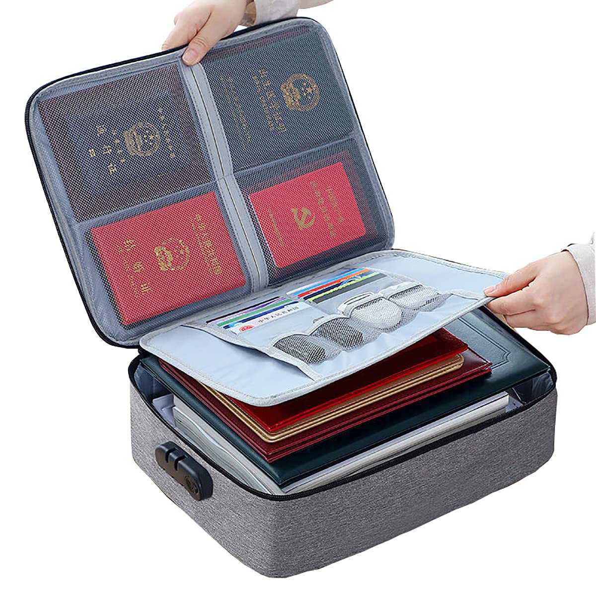 Document Bag with Safe Code Lock,Water-Resistant 3-Layer File Organizer Case with Zipper,Document Storage Safe Bag Portable Storage File Boxes for Passport,Files and Certificates