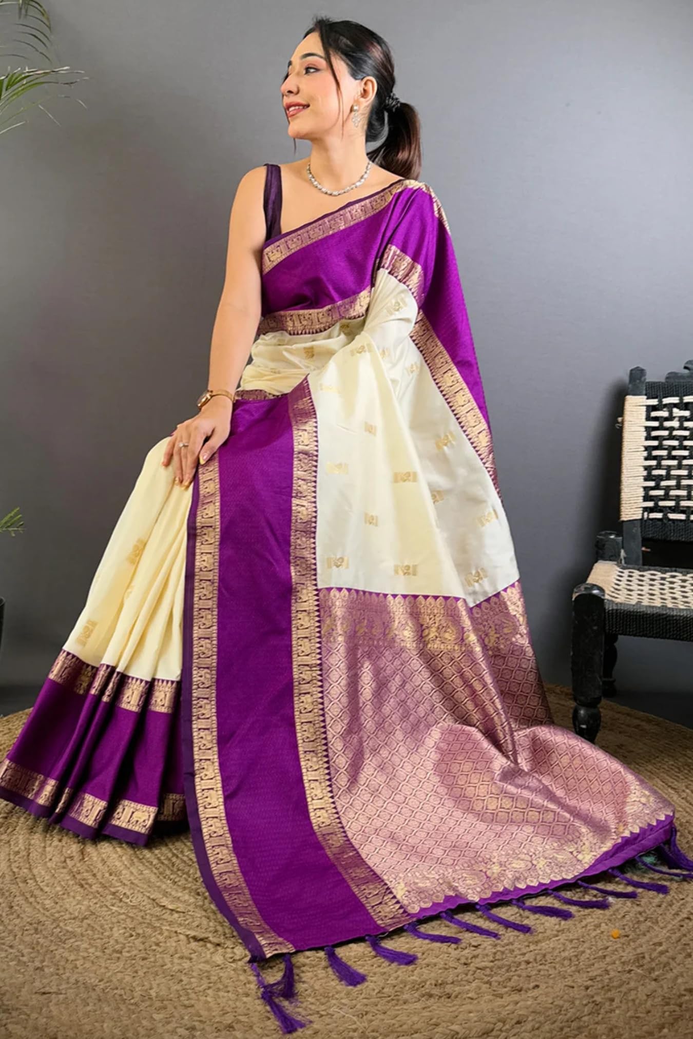 SGF11 Women's Kanjivaram Pure Soft Silk Saree With Unstiched Blouse Piece (Cream-Purple) product image 4
