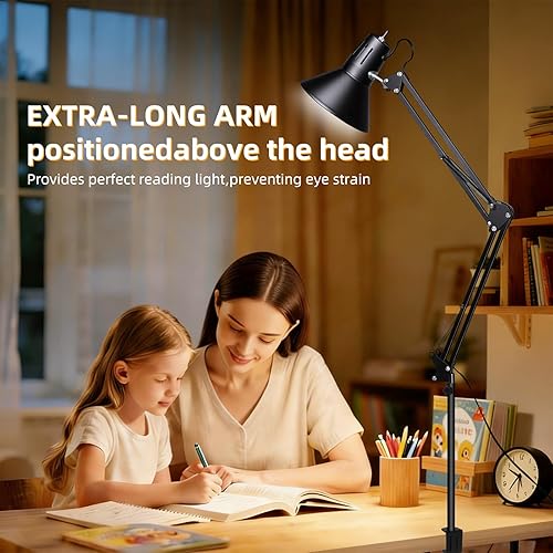 Miniatura 5 de Lámpara de escritorio LED con abrazadera para oficina y hogar, luz de escritorio con brazo oscilante de metal extra alto ajustable de 360