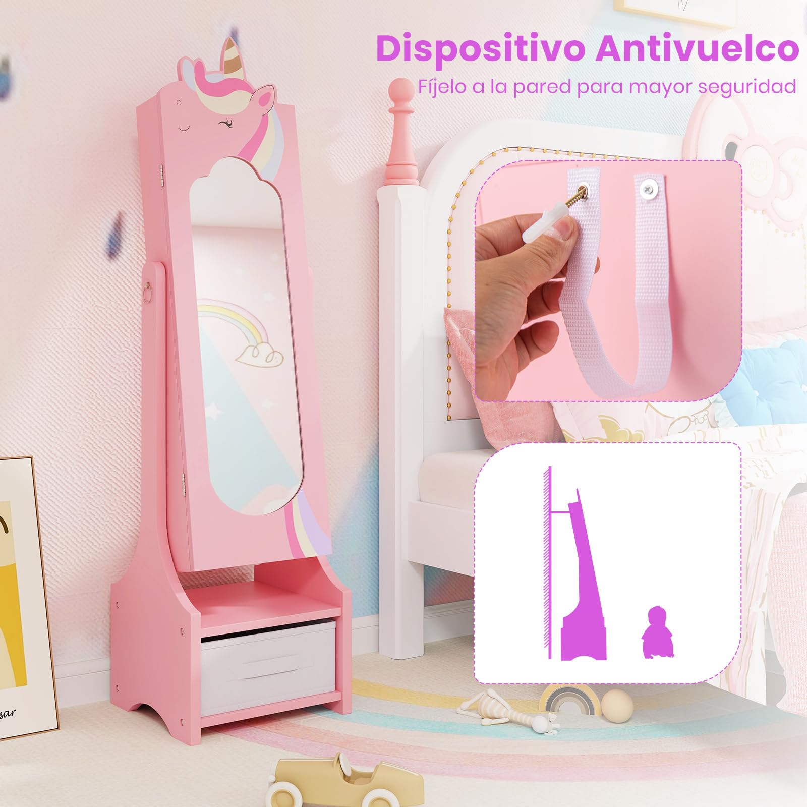 GOPLUS Armario de Joyería para Niños con Espejo de Cuerpo Completo, Organizador de Joya de Pie con Cajón Plegable, 2 Ángulos de Inclinación Ajustables, Armario de Joyas Infantil (Rosa)