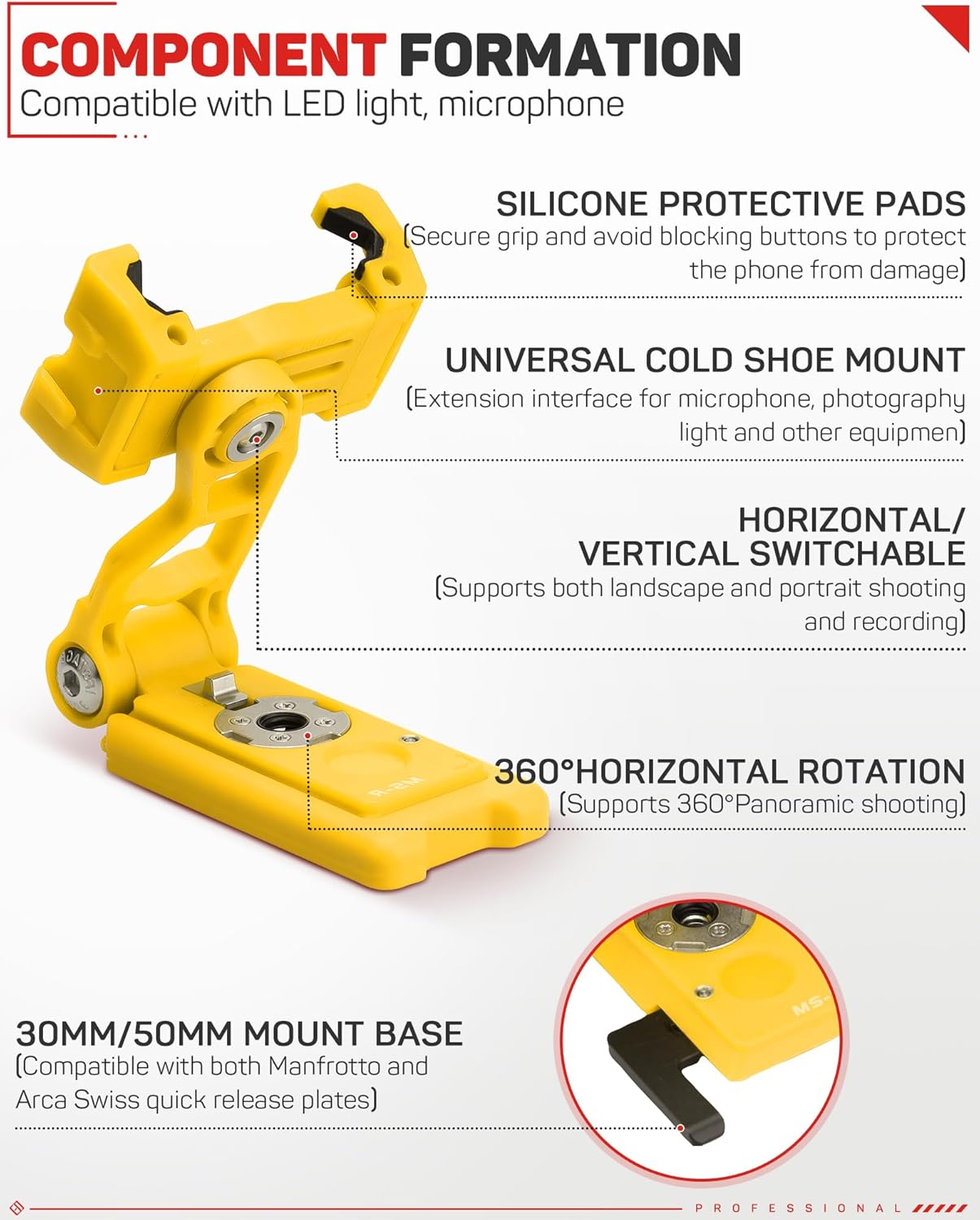 IFOOTAGE Phone Holder, Phone Tripod Mount Adapter with Cold Shoe, 360° Rotation Cell Phone Holder for Tripod, Selfie Stick, Desk Phone Stand with Adjustable Clamp, Yellow