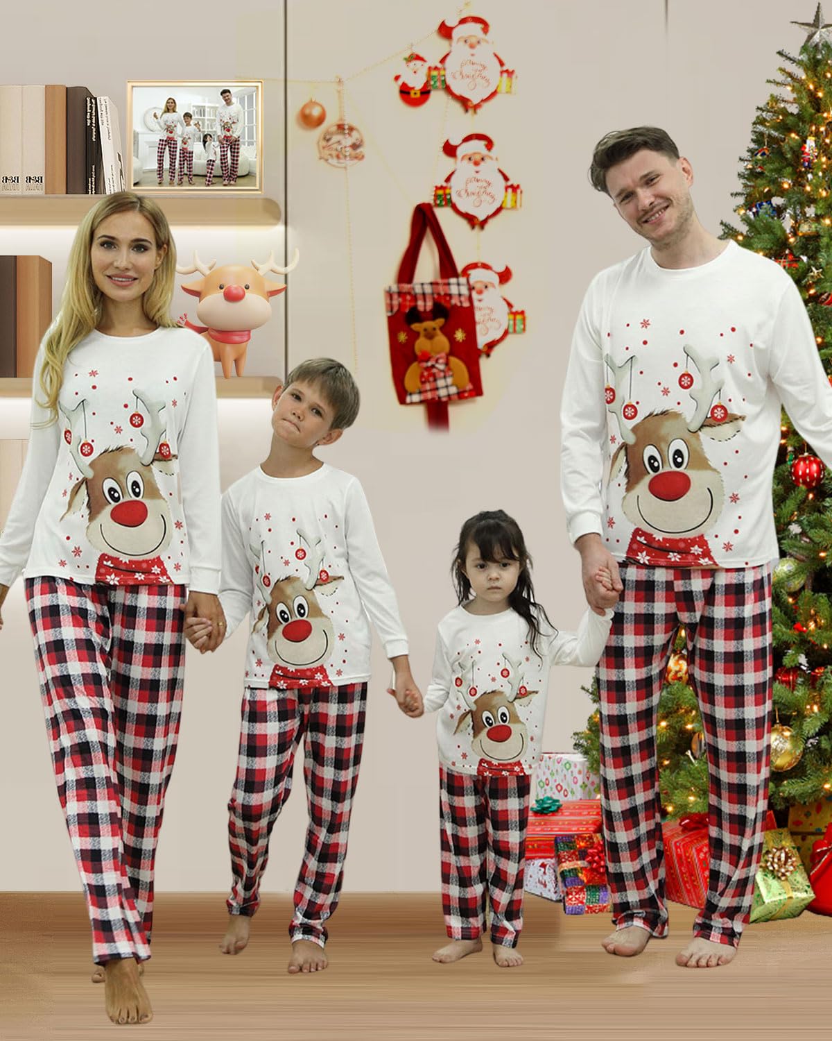 DDKJ Pijama Navidad Familia,Pijamas de Navidad para la Familia con Estampado de Reno,Pijama Navideño Familiar a Cuadros Rojos y Negros,Pijamas Navideños Pareja/Niños/Niñas/Bebe
