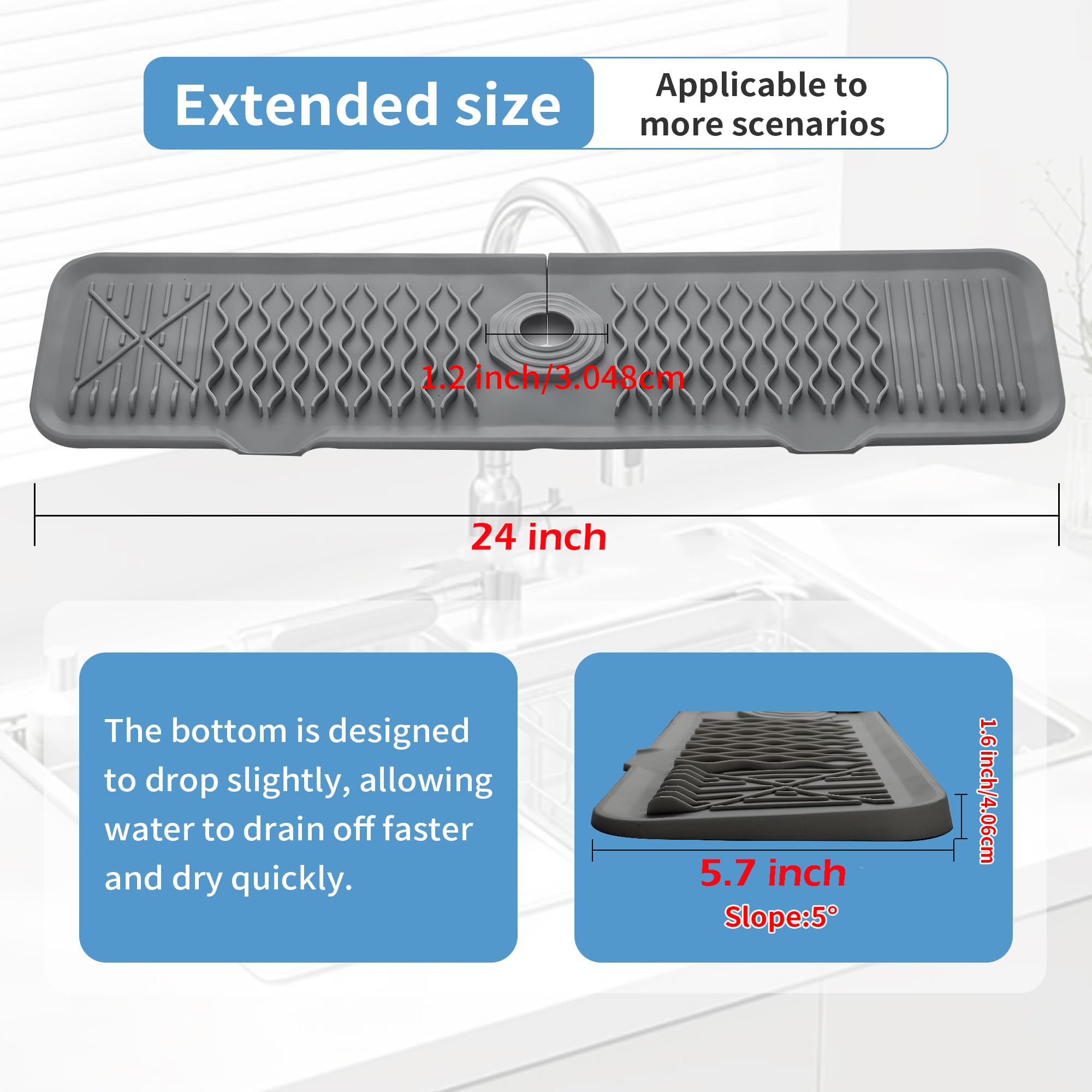 Protector antisalpicaduras de silicona de 24 pulgadas para fregadero de cocina, alfombrilla gris para secar platos, soporte antideslizante para esponja, protector de encimera de baño, rejilla antisa