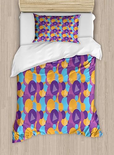 Miniatura 3 de Ambesonne Synthwave Duvet Cover Set, Continuous Pattern of Futurism Themed Colorful Shapes Round and Triangles, Decorative 3 Piece Bedding Set with